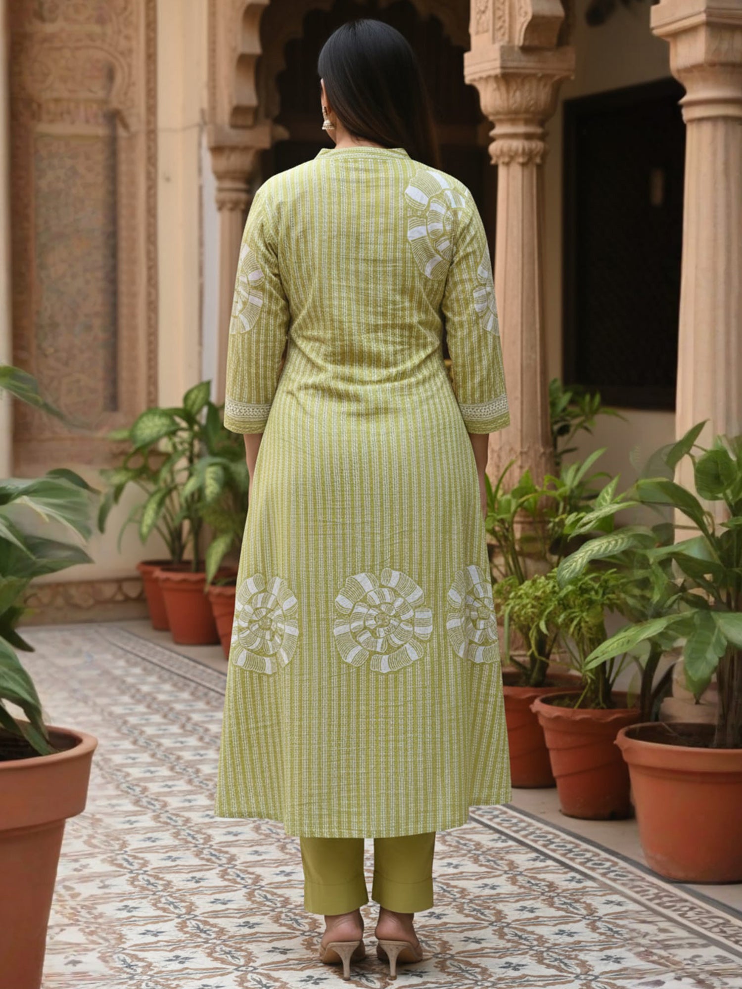 Indo Era Green Printed A-Line Kurta Trousers Set-IE