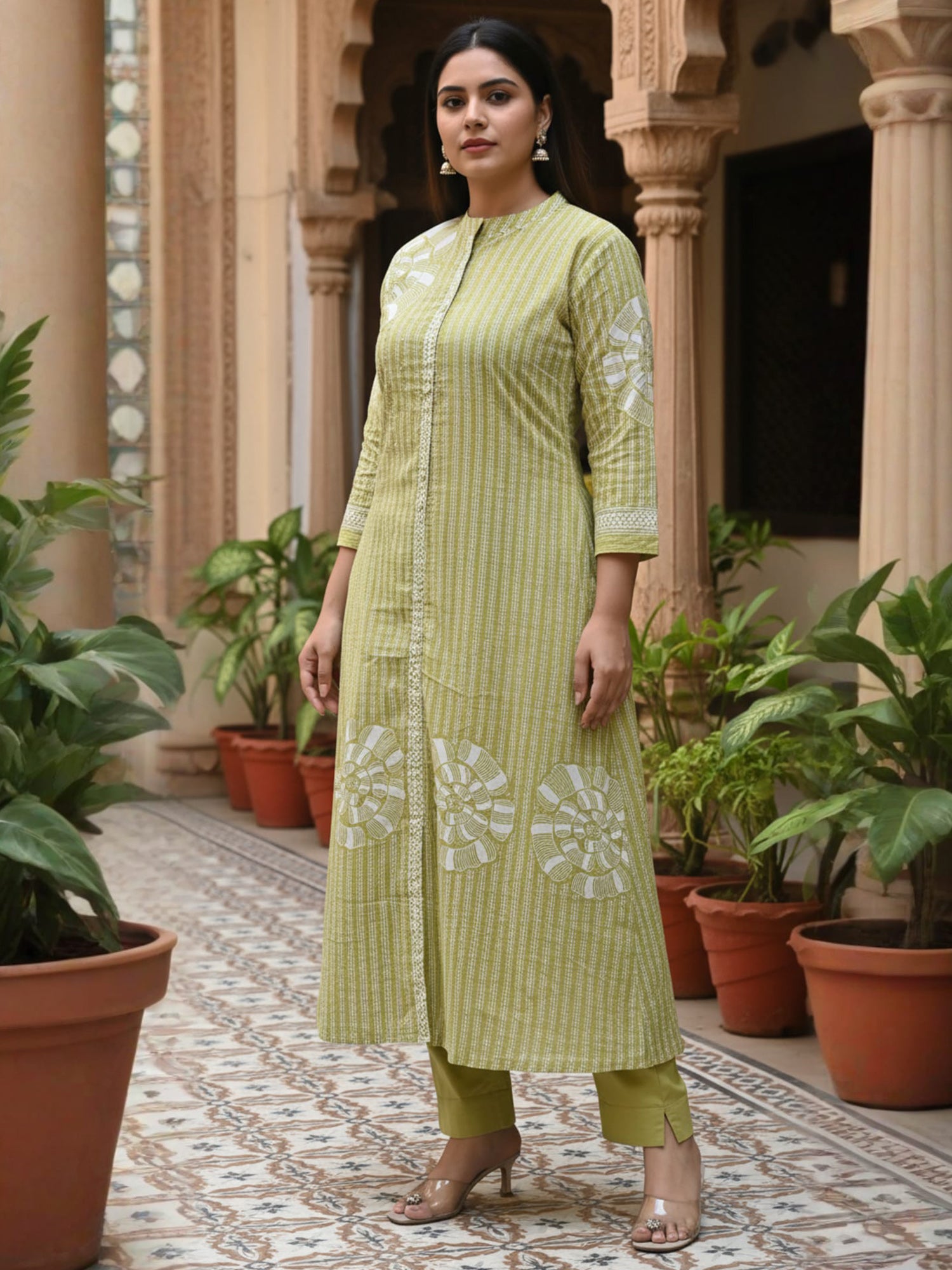 Indo Era Green Printed A-Line Kurta Trousers Set-IE