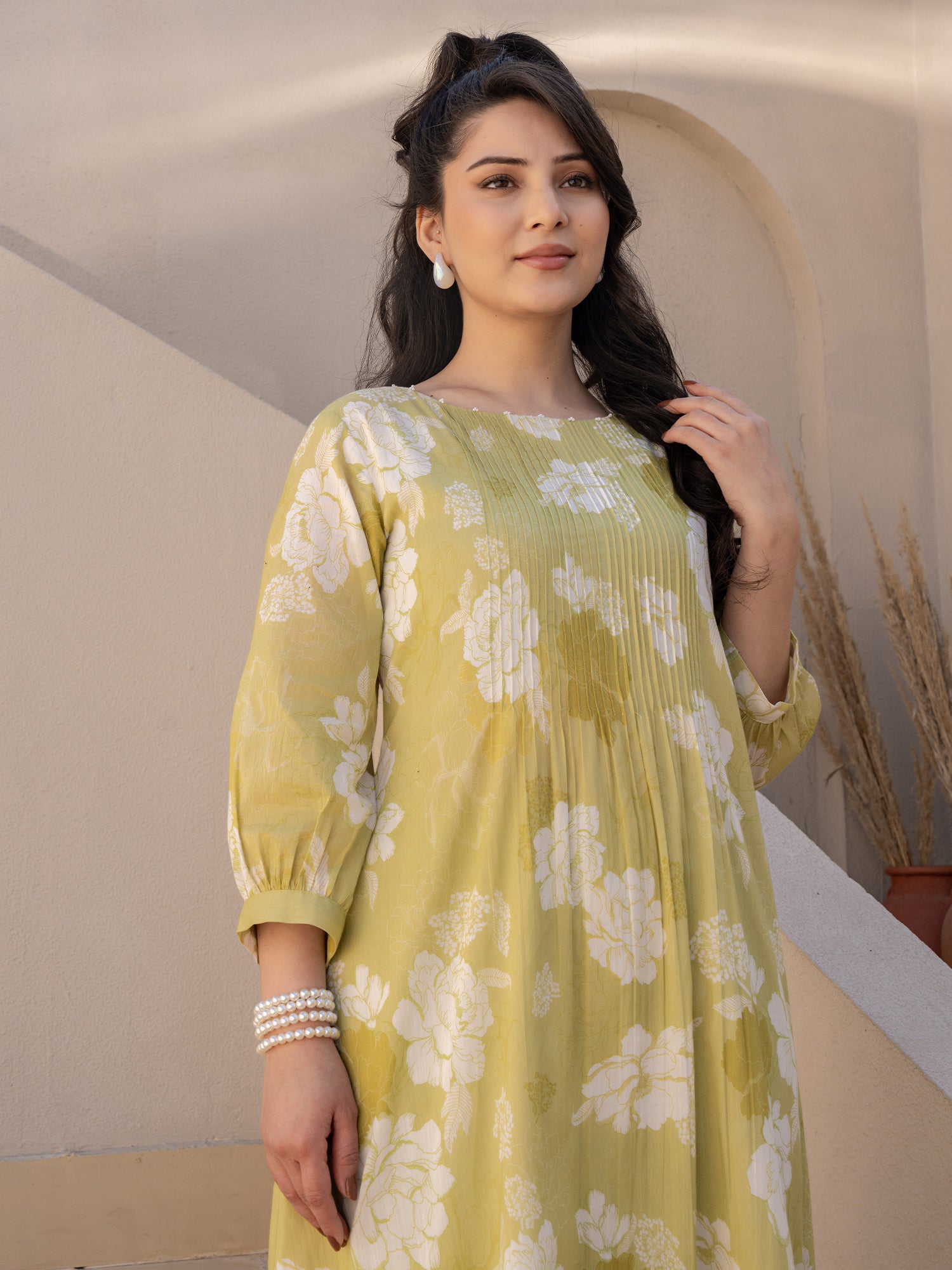 Indo Era Green Printed A-Line Kurta Trousers set