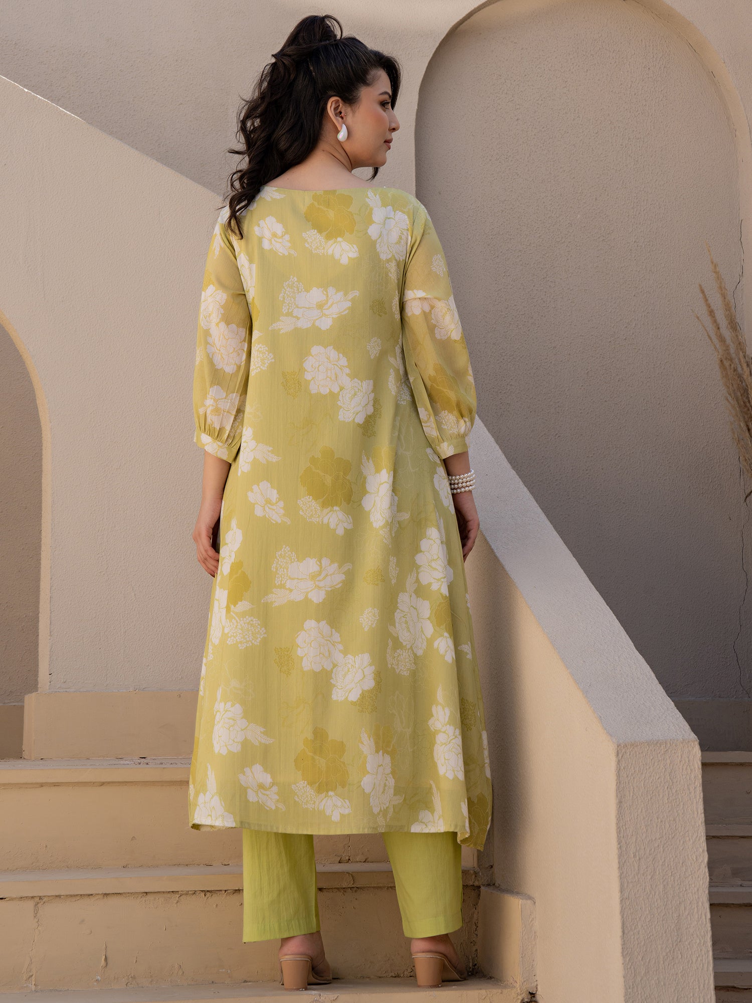 Indo Era Green Printed A-Line Kurta Trousers set
