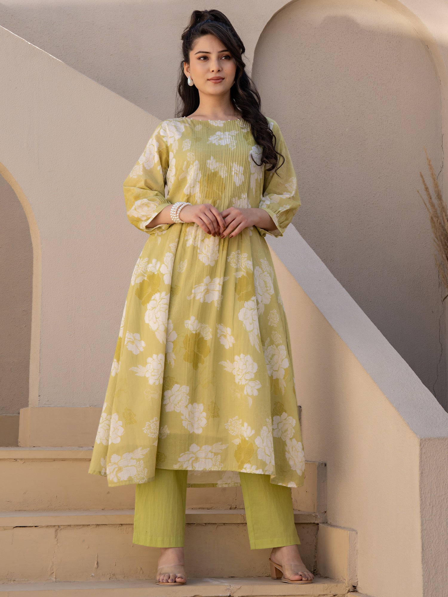 Indo Era Green Printed A-Line Kurta Trousers set