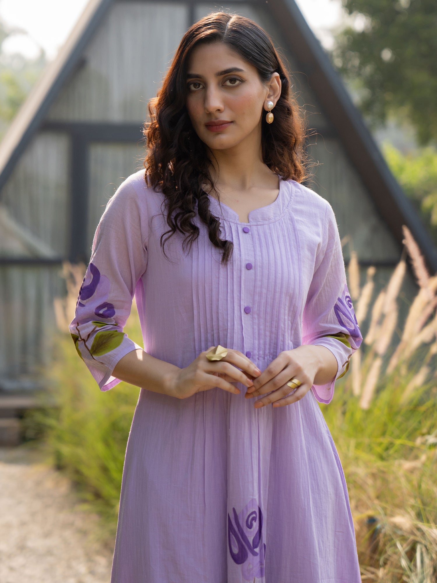 Indo Era Lavender Printed A-Line Kurta Trousers set