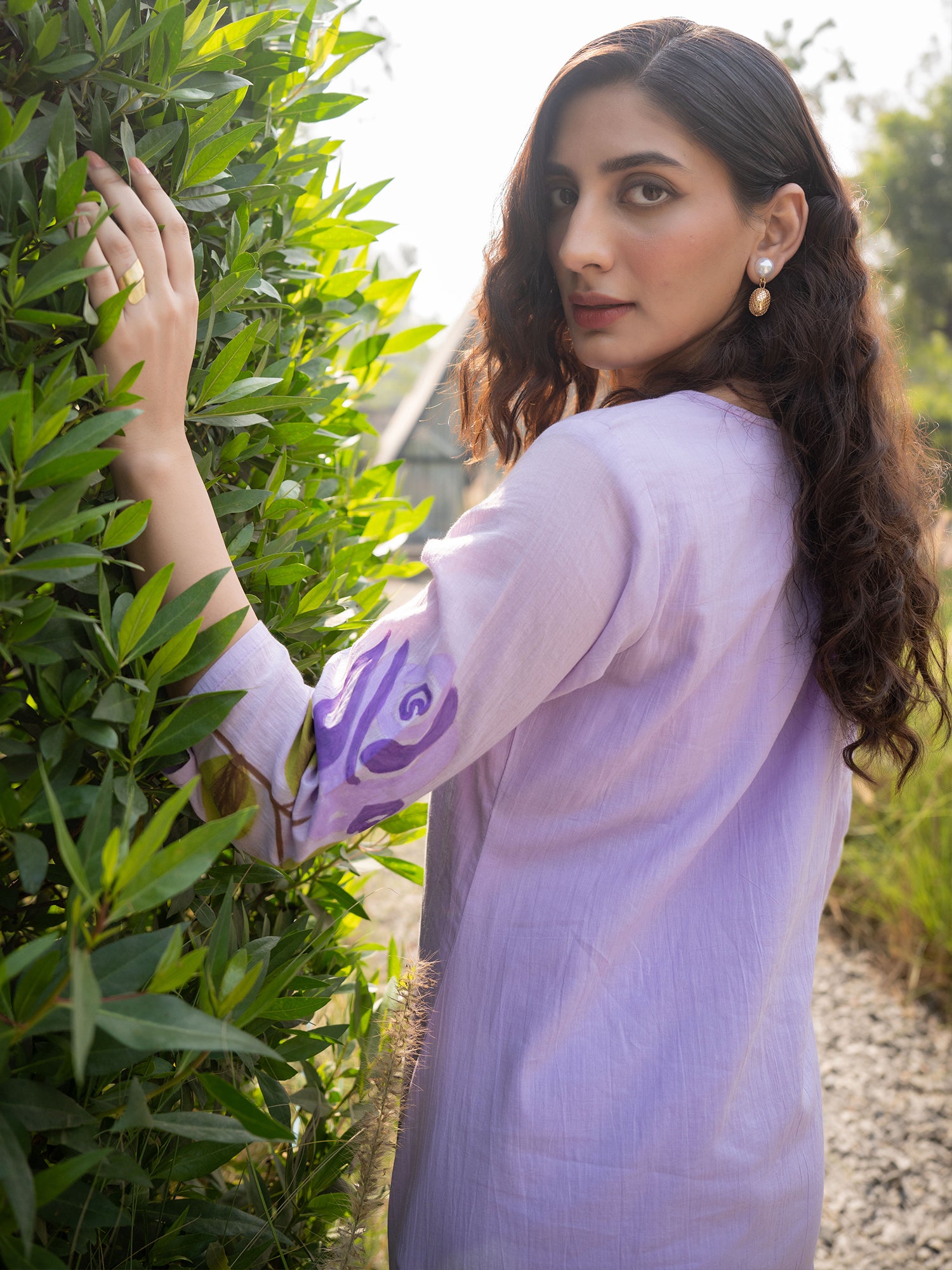 Indo Era Lavender Printed A-Line Kurta Trousers set