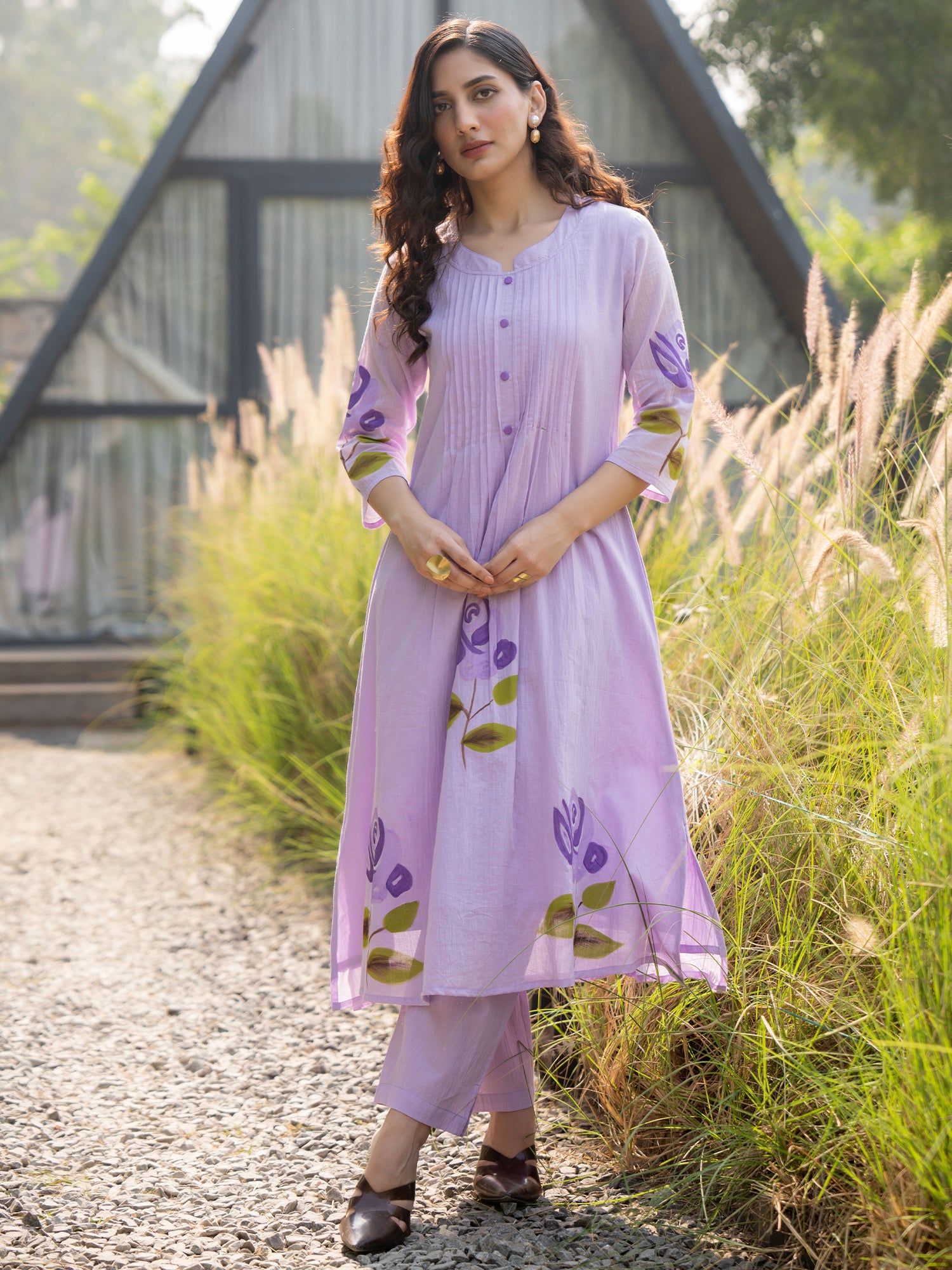 Indo Era Lavender Printed A-Line Kurta Trousers set