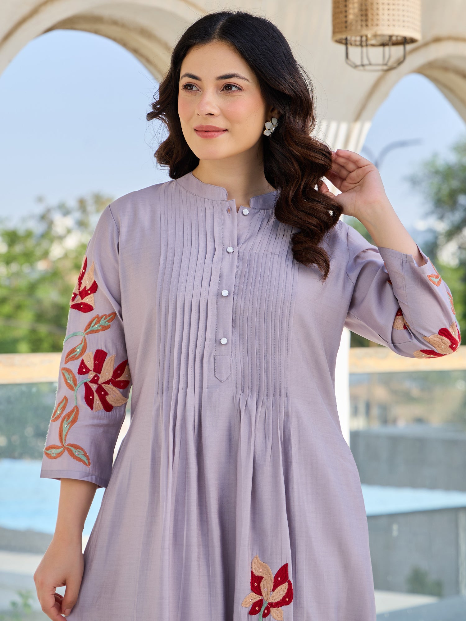 Indo Era Lavender Embroidered A-Line Kurta Trousers set