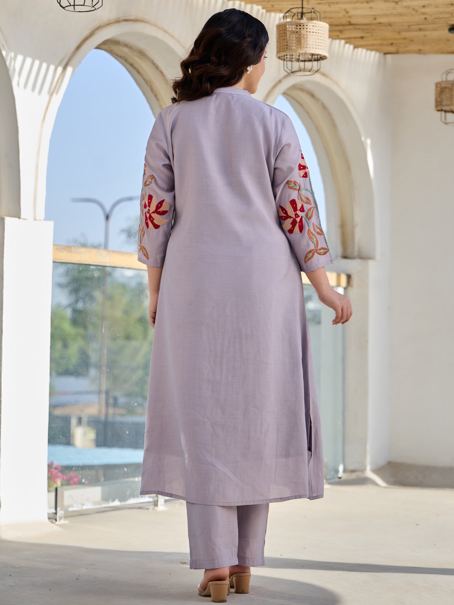 Indo Era Lavender Embroidered A-Line Kurta Trousers set