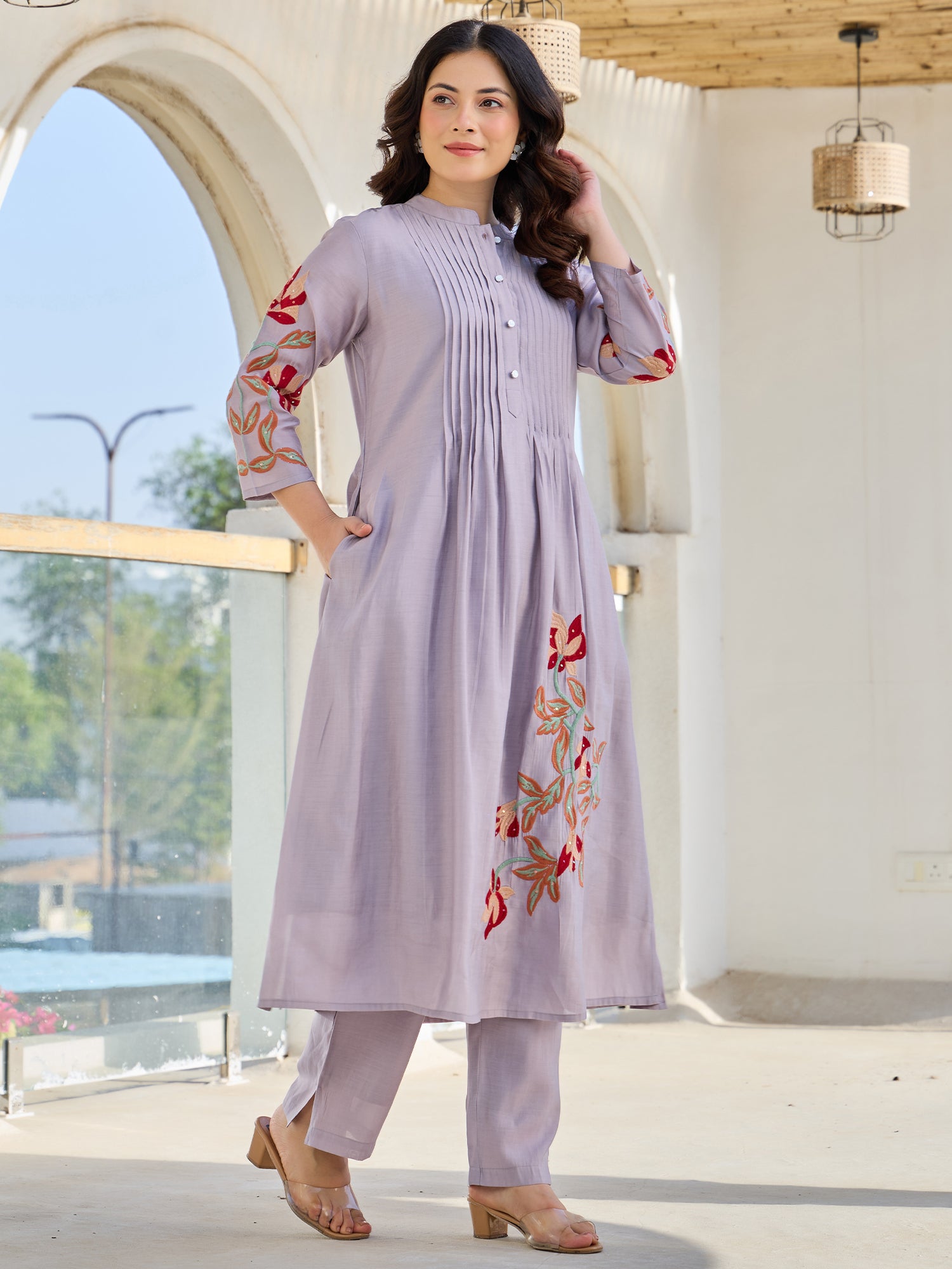 Indo Era Lavender Embroidered A-Line Kurta Trousers set