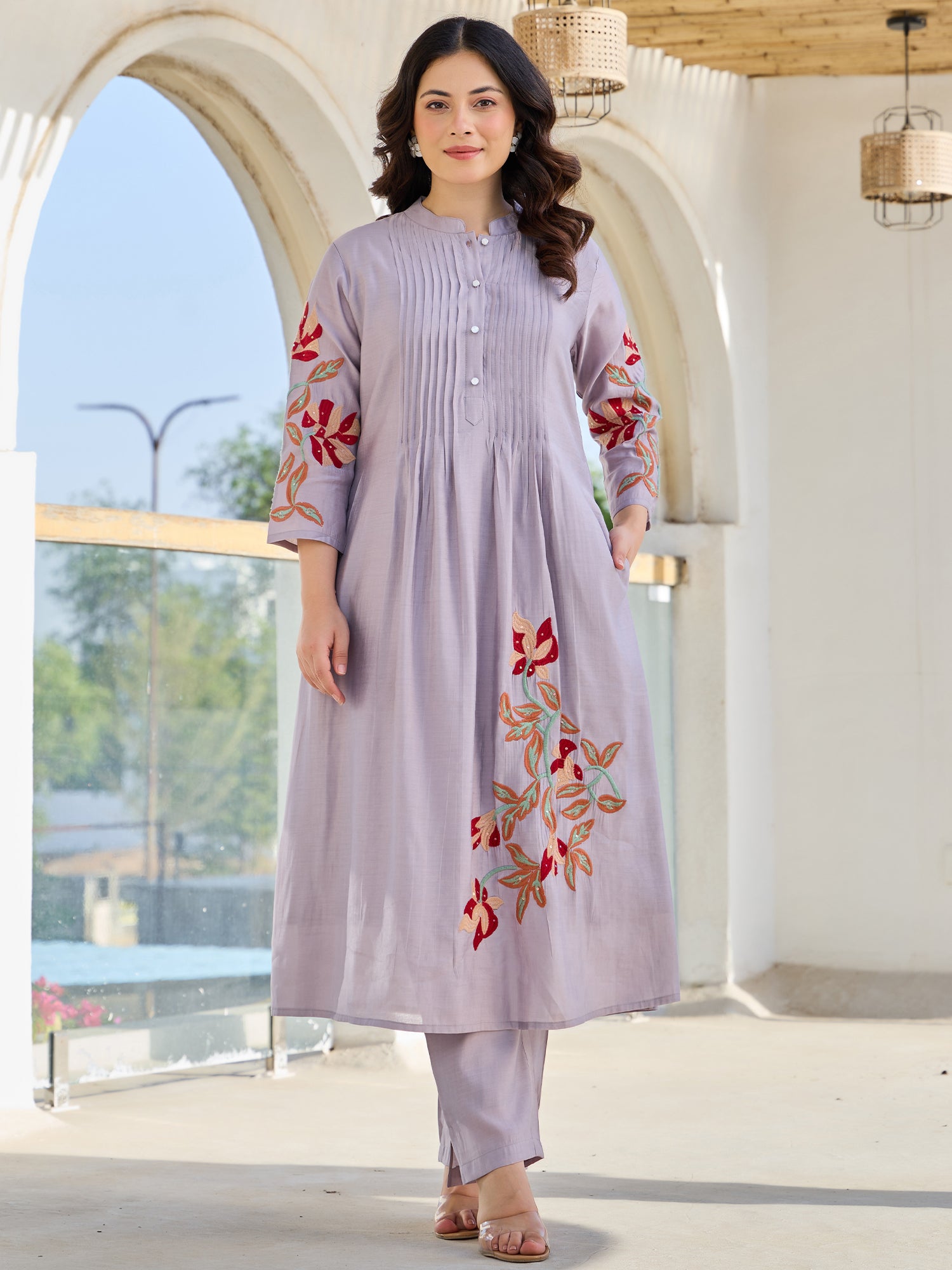 Indo Era Lavender Embroidered A-Line Kurta Trousers set