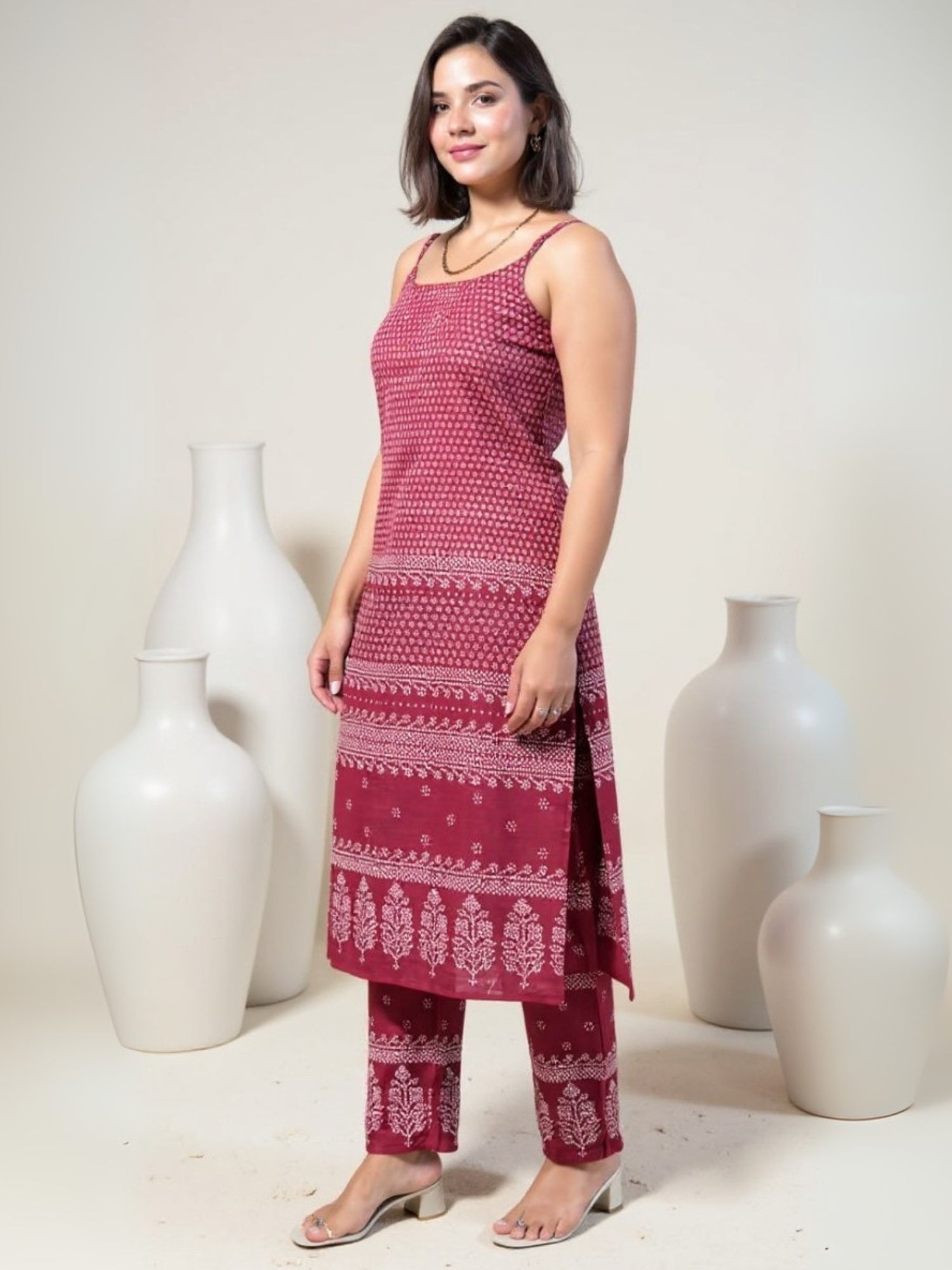 Indo Era Maroon Printed Straight Kurta Trousers Set-IE