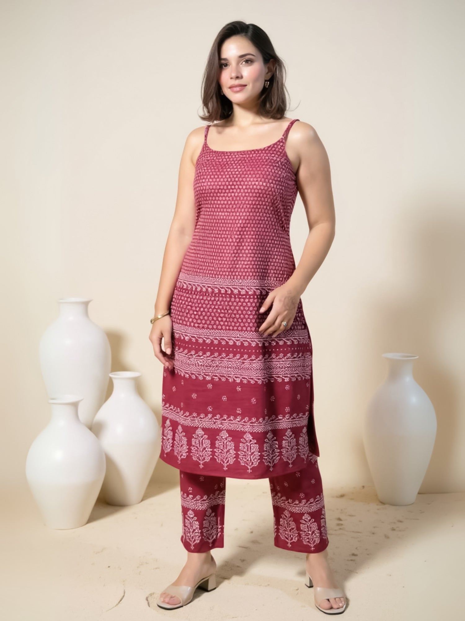 Indo Era Maroon Printed Straight Kurta Trousers Set-IE