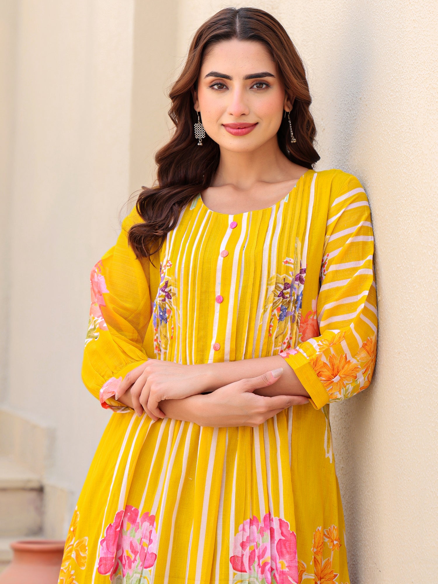 Indo Era Mustard Printed A-Line Kurta Trousers set