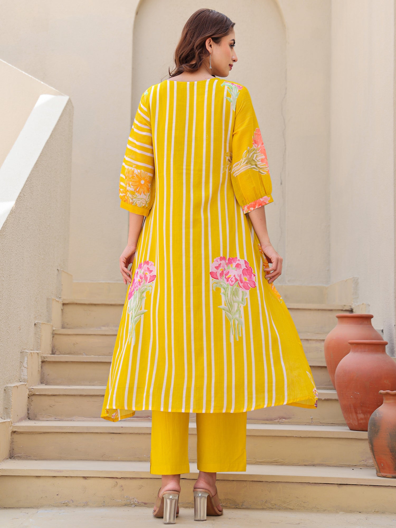 Indo Era Mustard Printed A-Line Kurta Trousers set