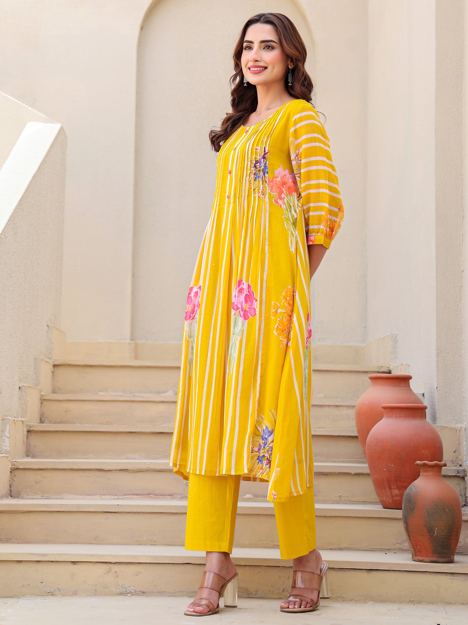 Indo Era Mustard Printed A-Line Kurta Trousers set