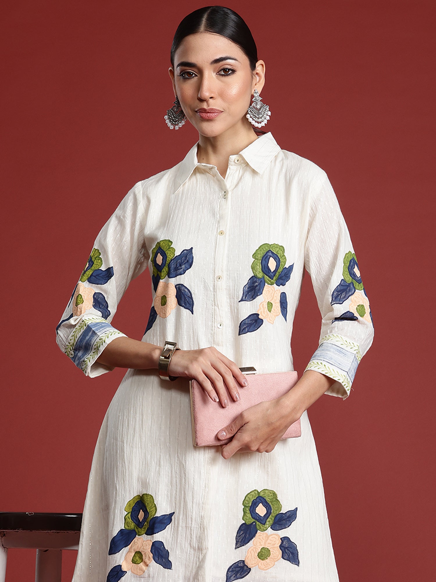 Indo Era Off White Printed A-Line Kurta Trousers  Set