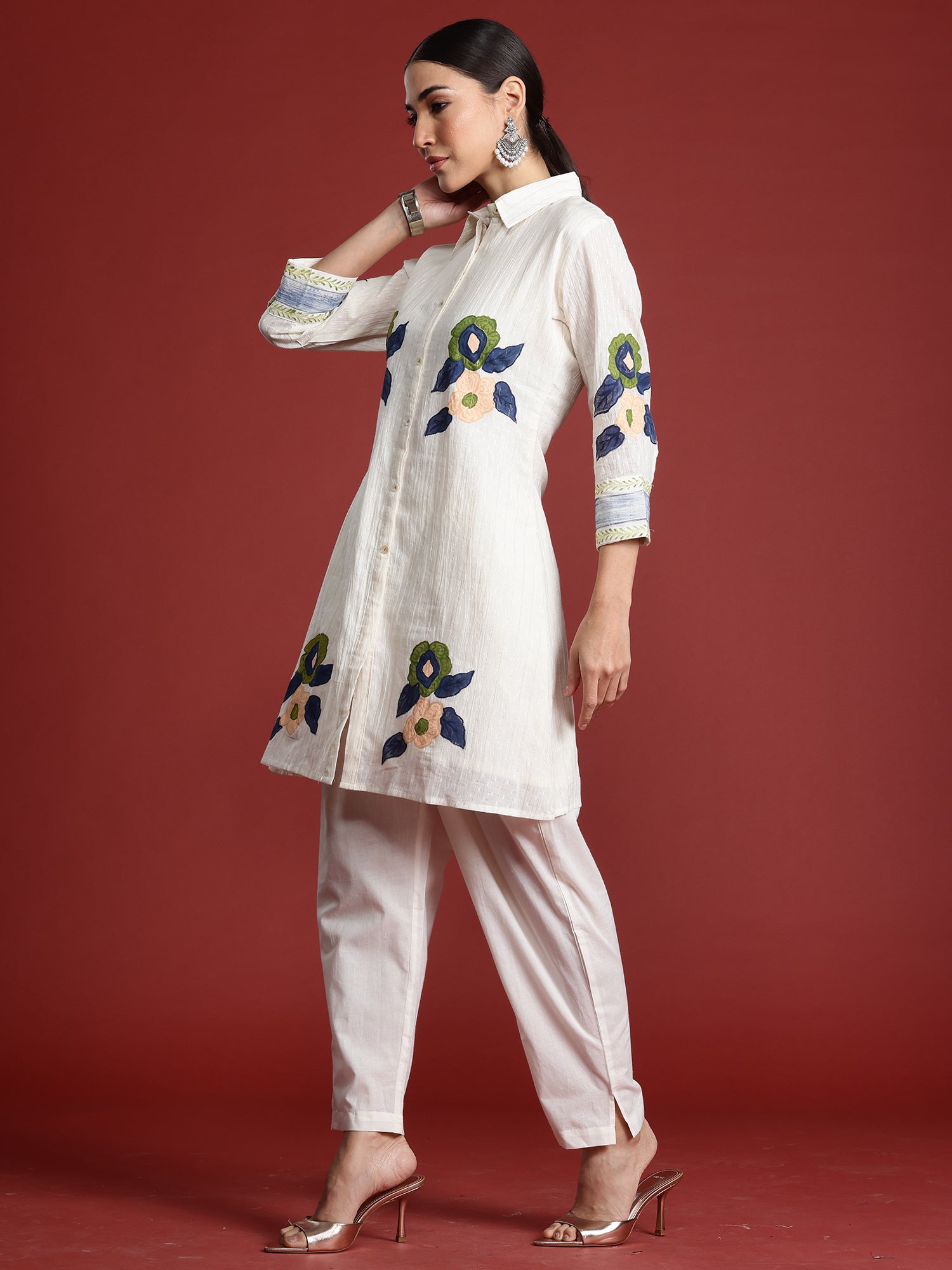 Indo Era Off White Printed A-Line Kurta Trousers  Set
