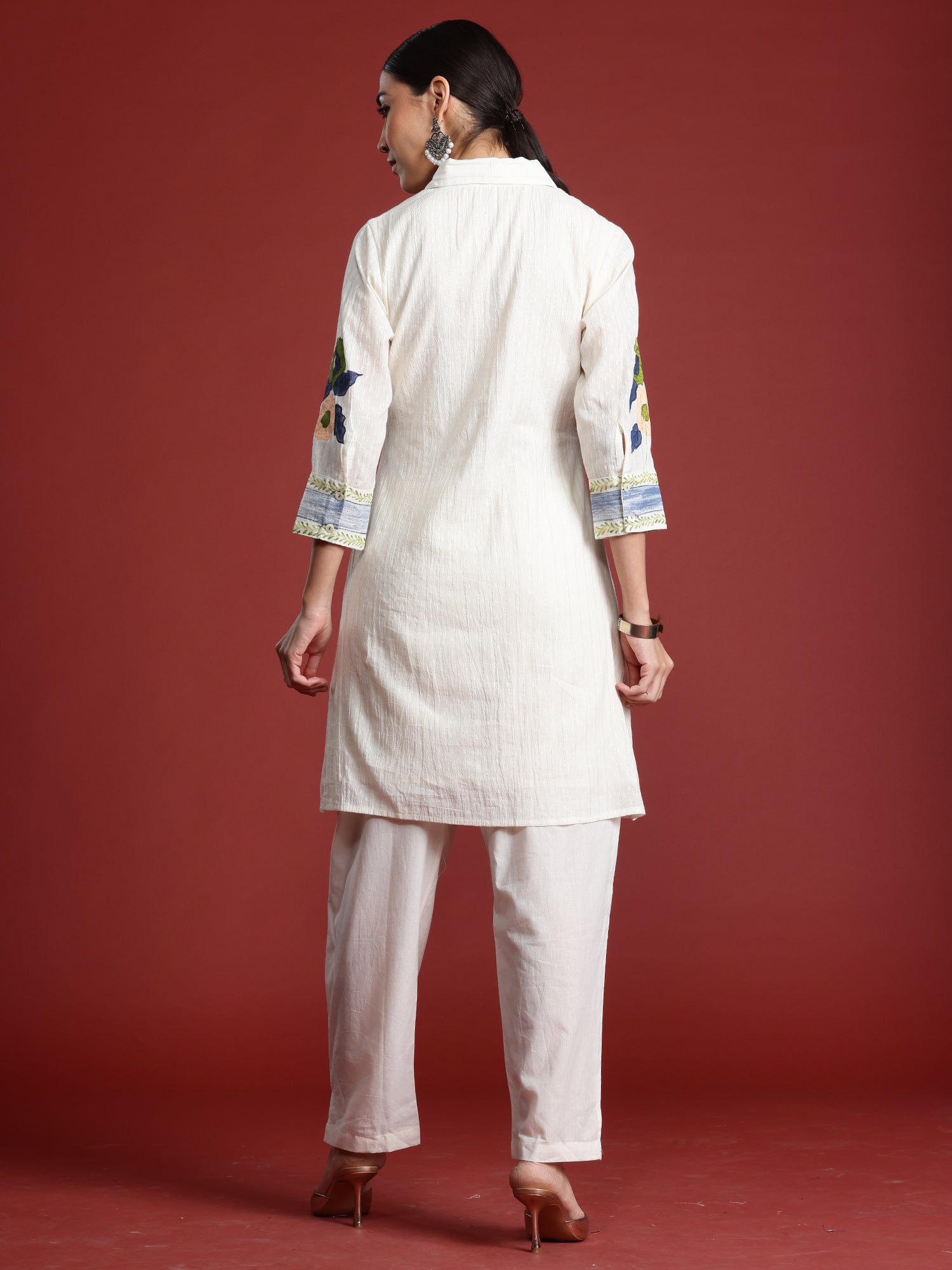 Indo Era Off White Printed A-Line Kurta Trousers  Set