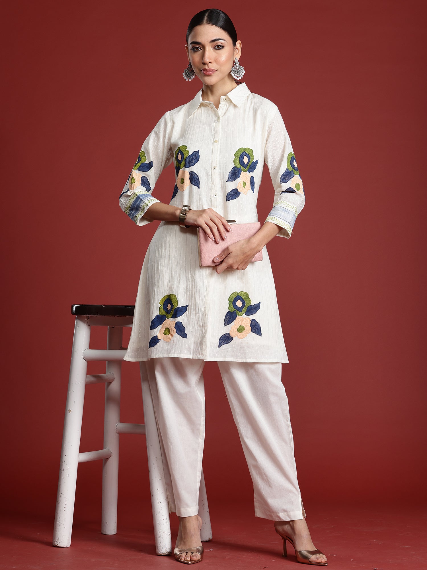 Indo Era Off White Printed A-Line Kurta Trousers  Set