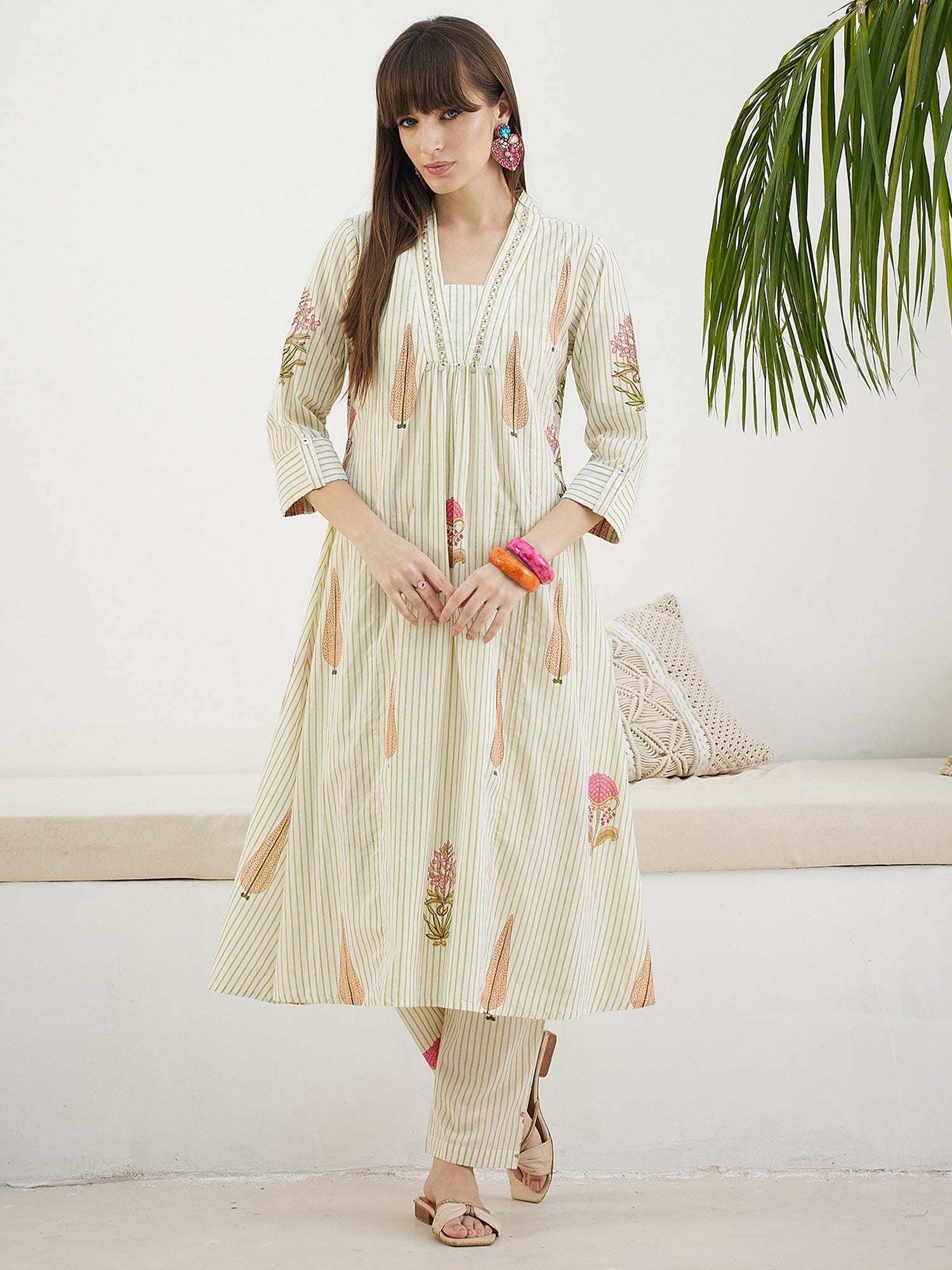 Indo Era Off White Printed A-Line Kurta Trousers Set-IE