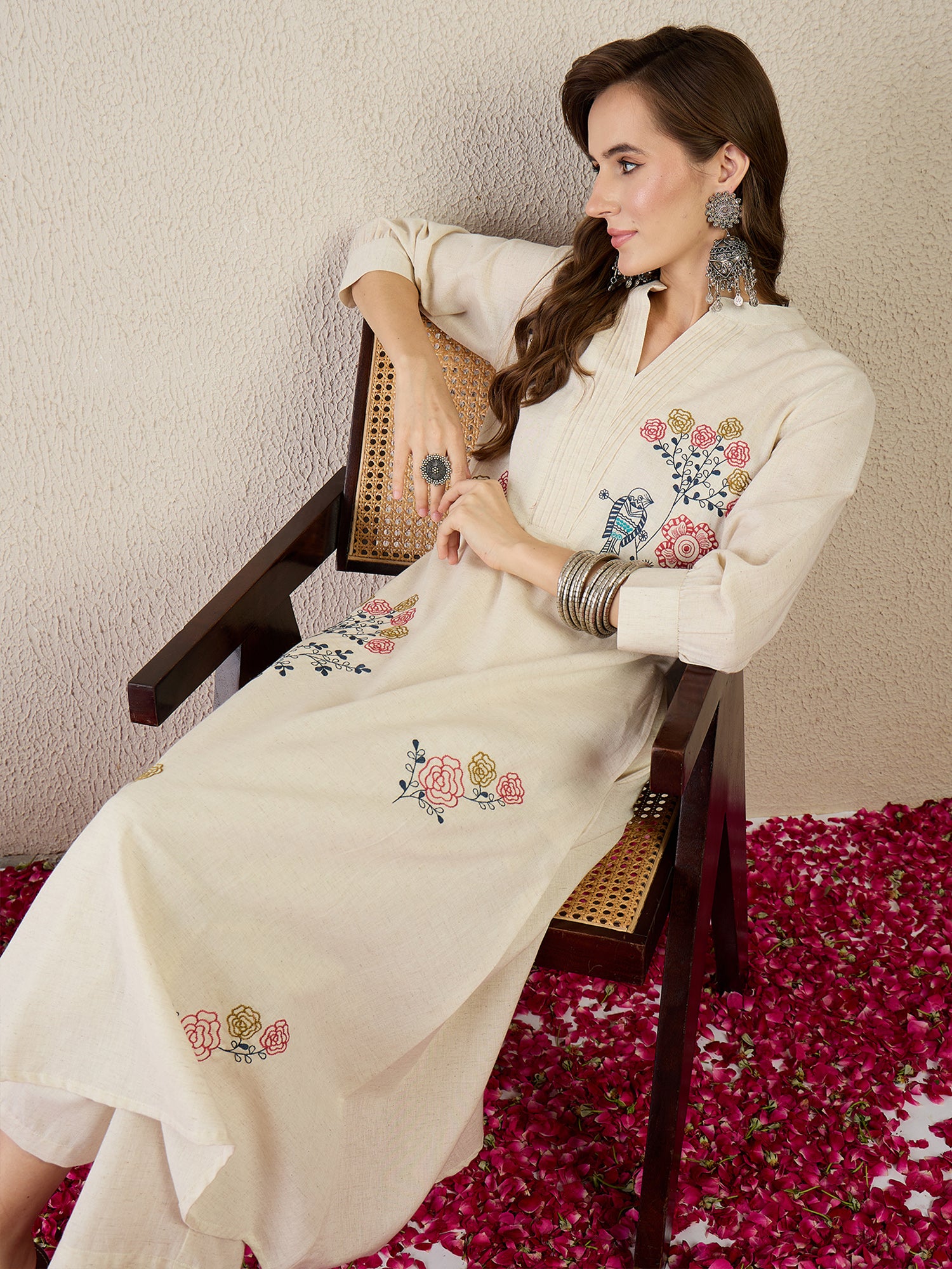 Indo Era Off White Embroidered A-Line Kurta Trousers Set