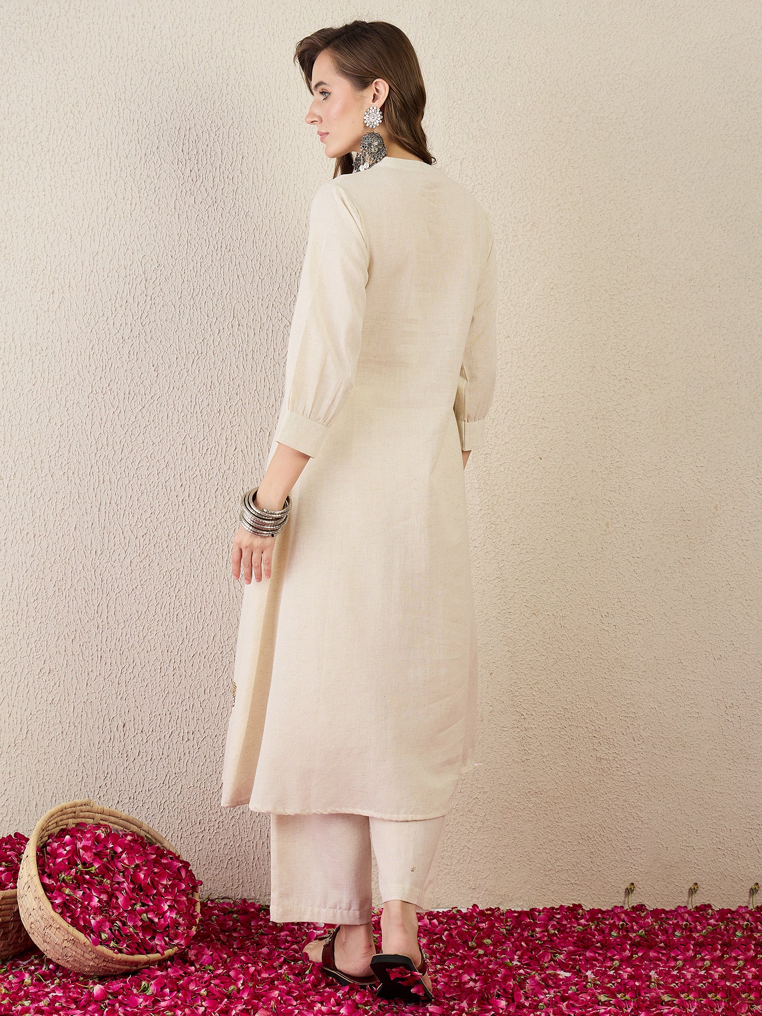 Indo Era Off White Embroidered A-Line Kurta Trousers Set