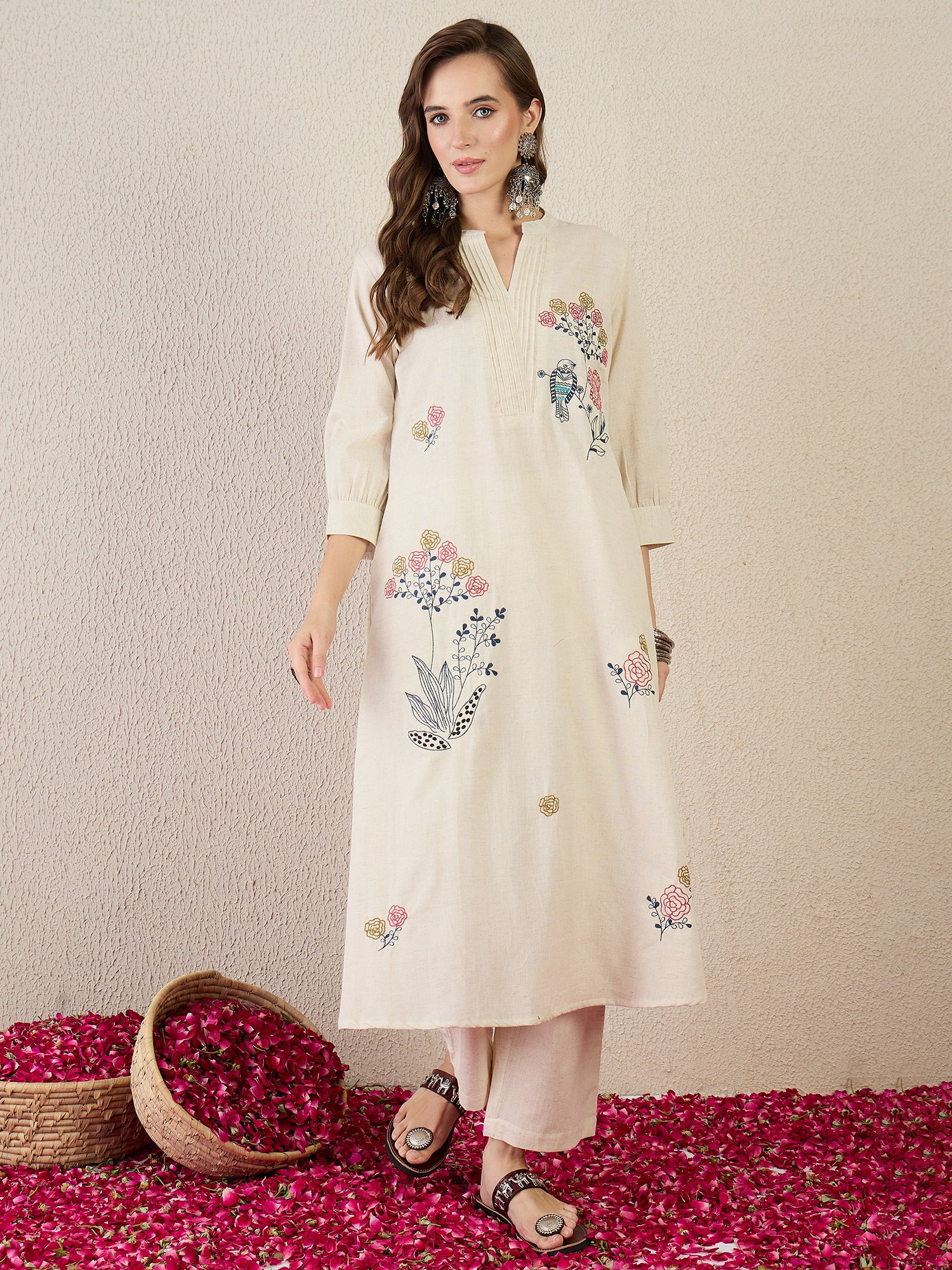 Indo Era Off White Embroidered A-Line Kurta Trousers Set