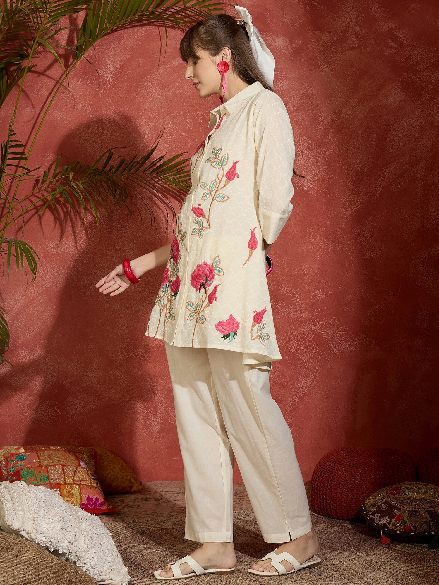 Indo Era Off White Embroidered A-Line Kurta Trousers set