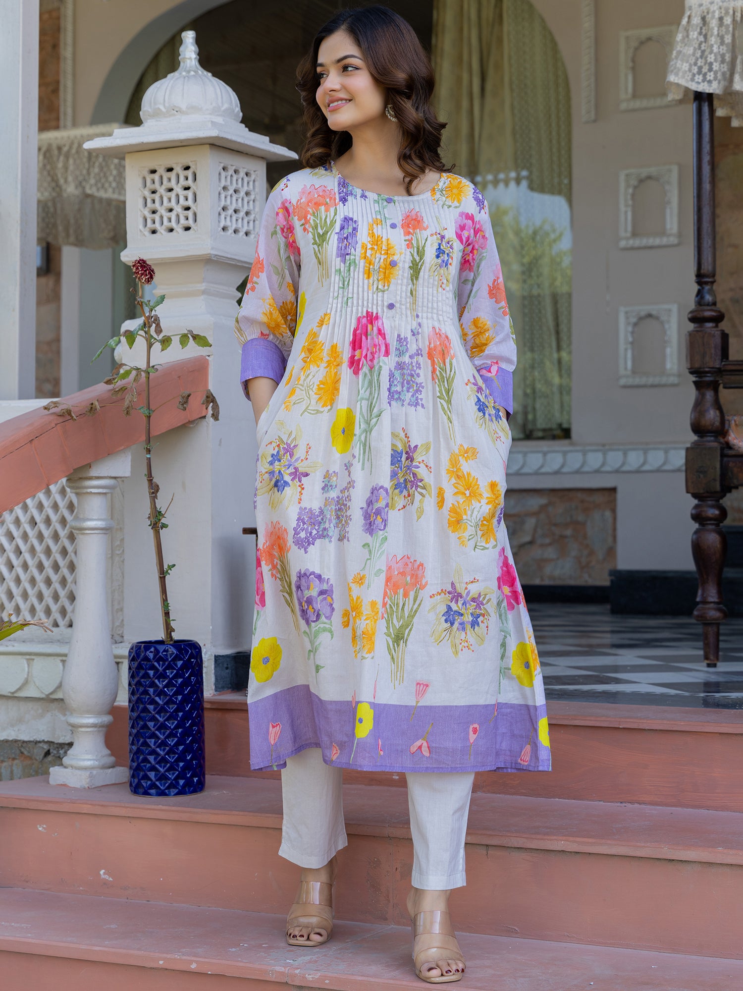 Indo Era Off White Printed A-Line Kurta Trousers set