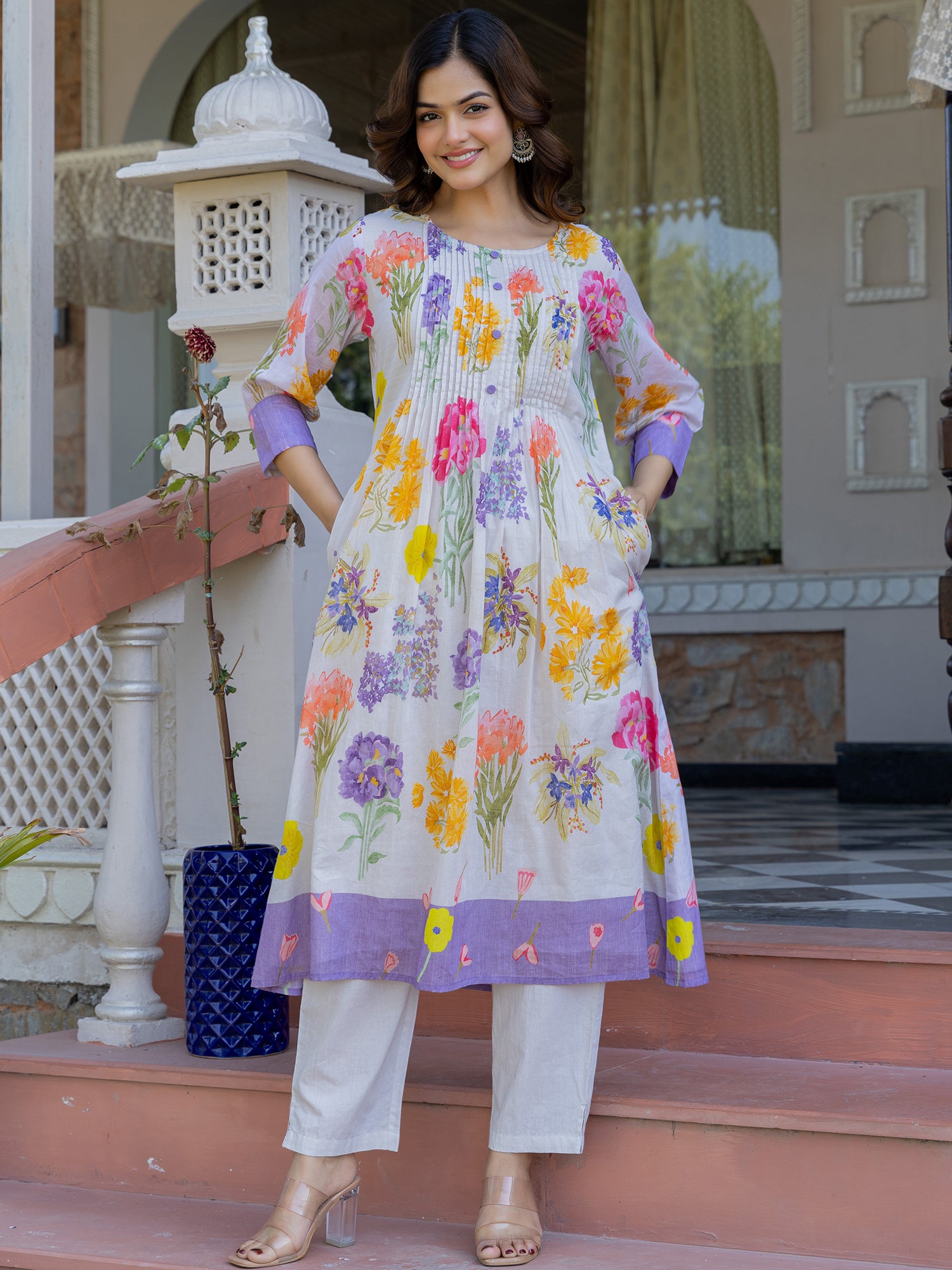 Indo Era Off White Printed A-Line Kurta Trousers set