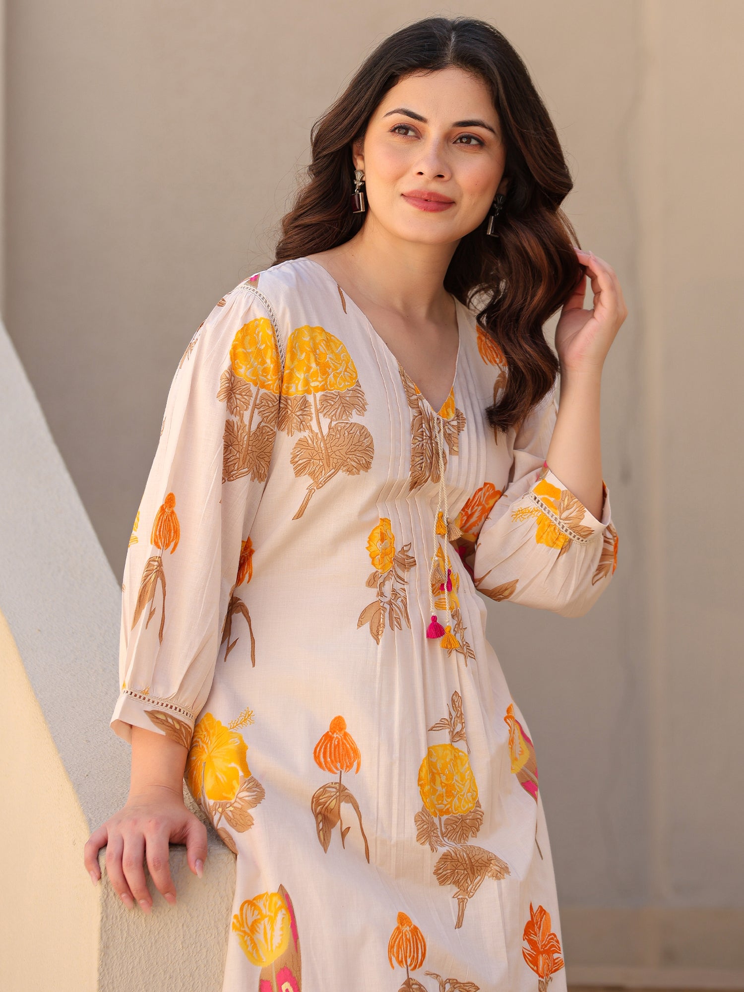 Indo Era Off White Printed A-Line Kurta Trousers set