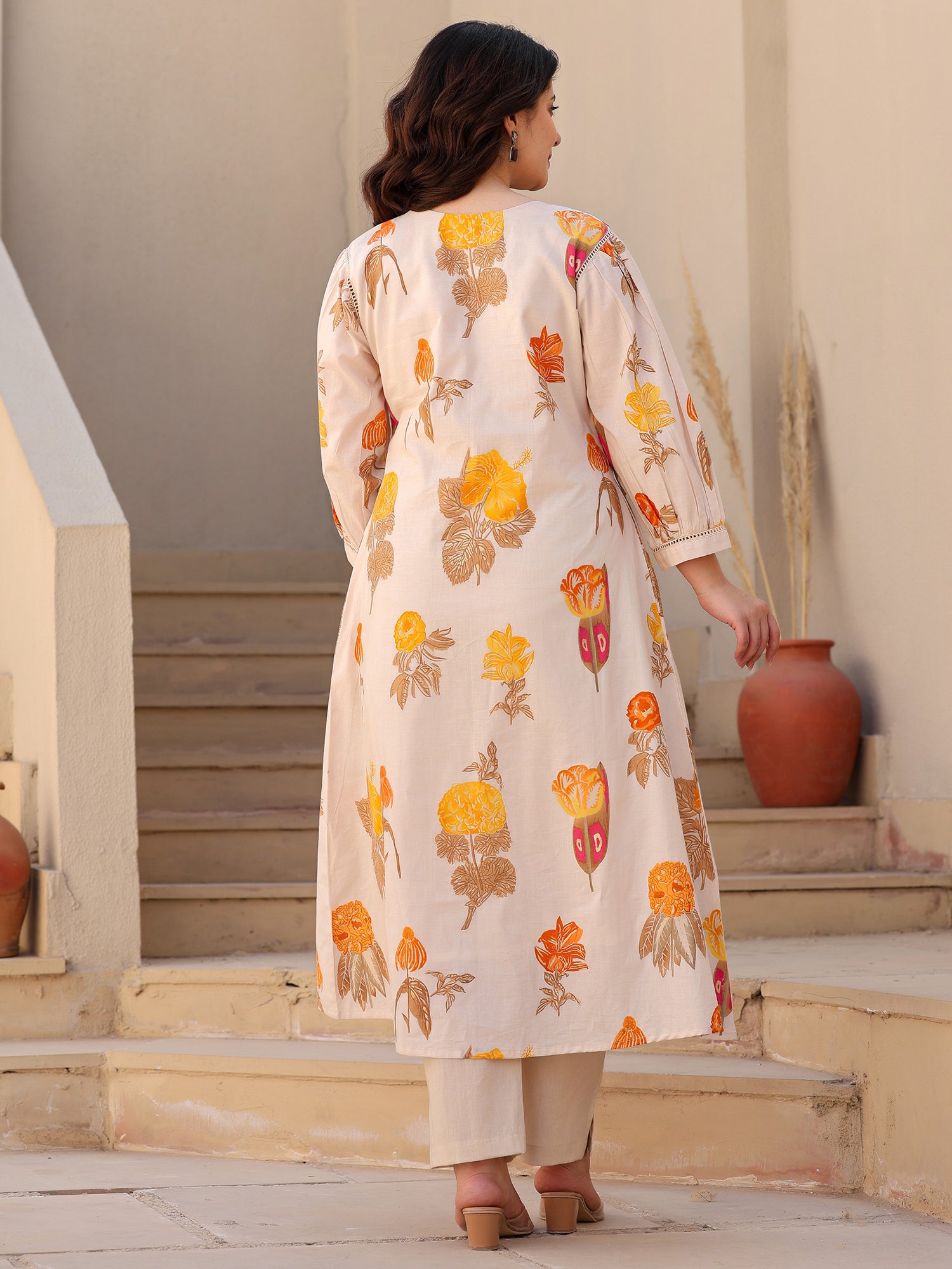 Indo Era Off White Printed A-Line Kurta Trousers set