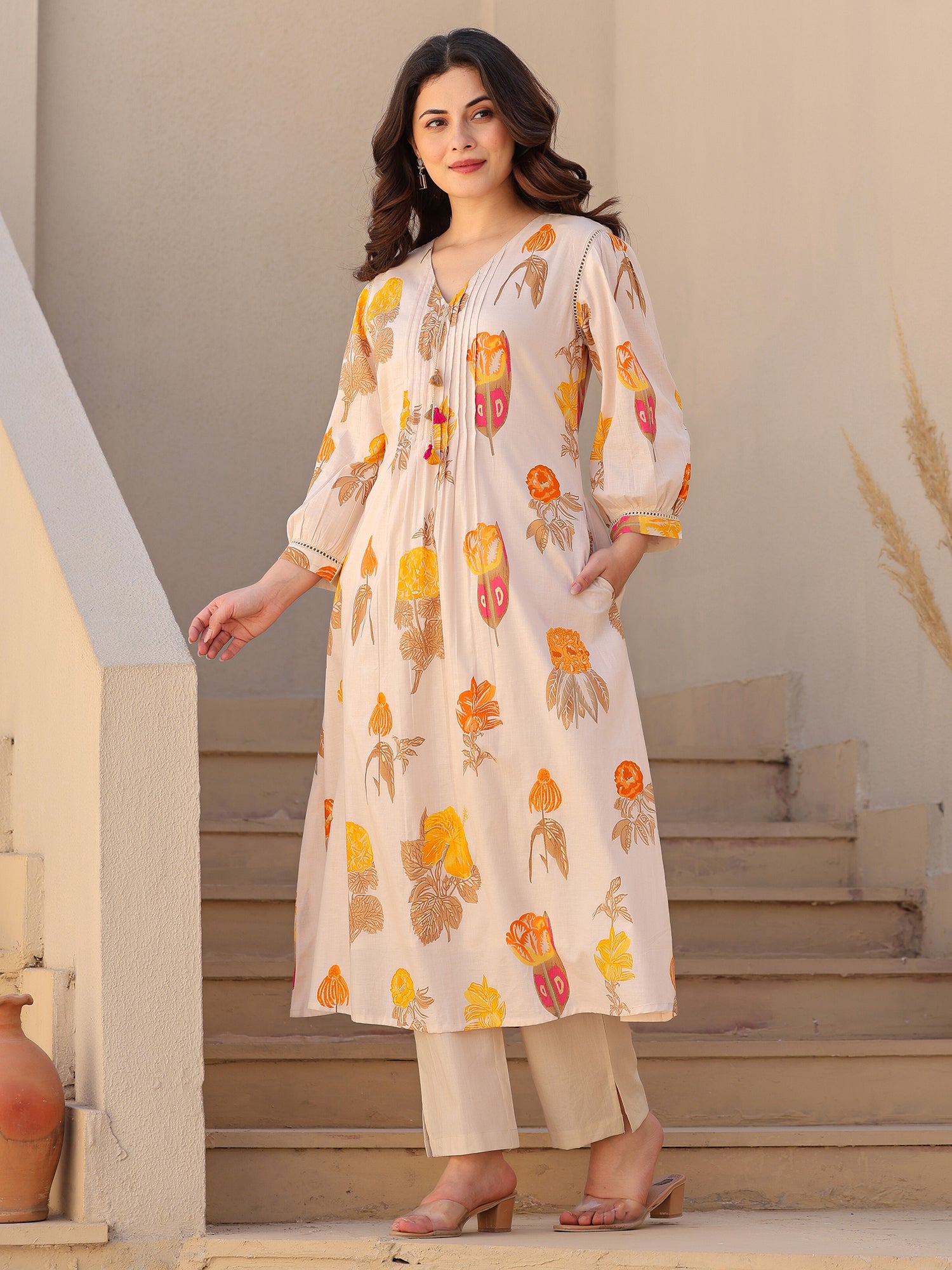 Indo Era Off White Printed A-Line Kurta Trousers set