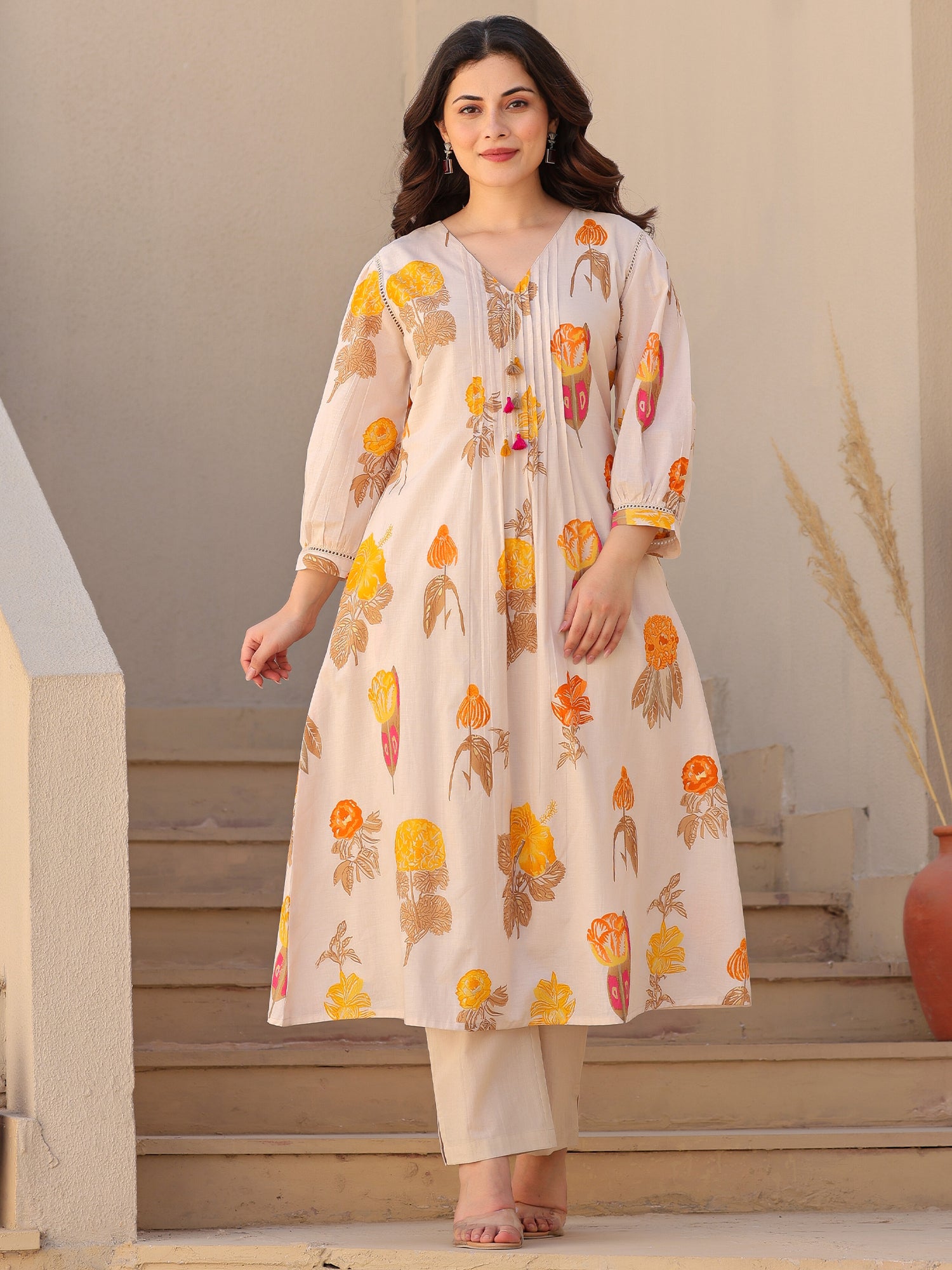 Indo Era Off White Printed A-Line Kurta Trousers set