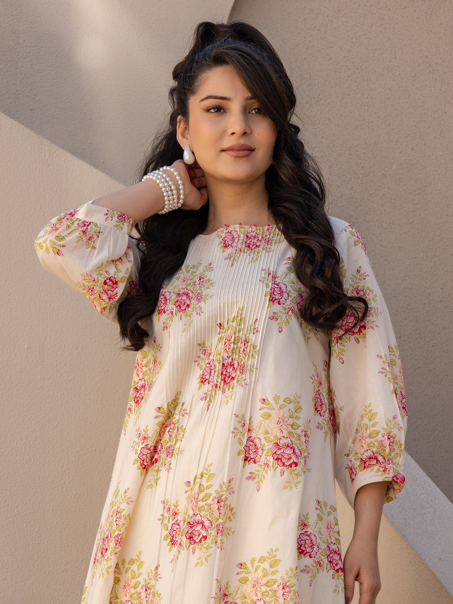Indo Era Off White Printed A-Line Kurta Trousers set