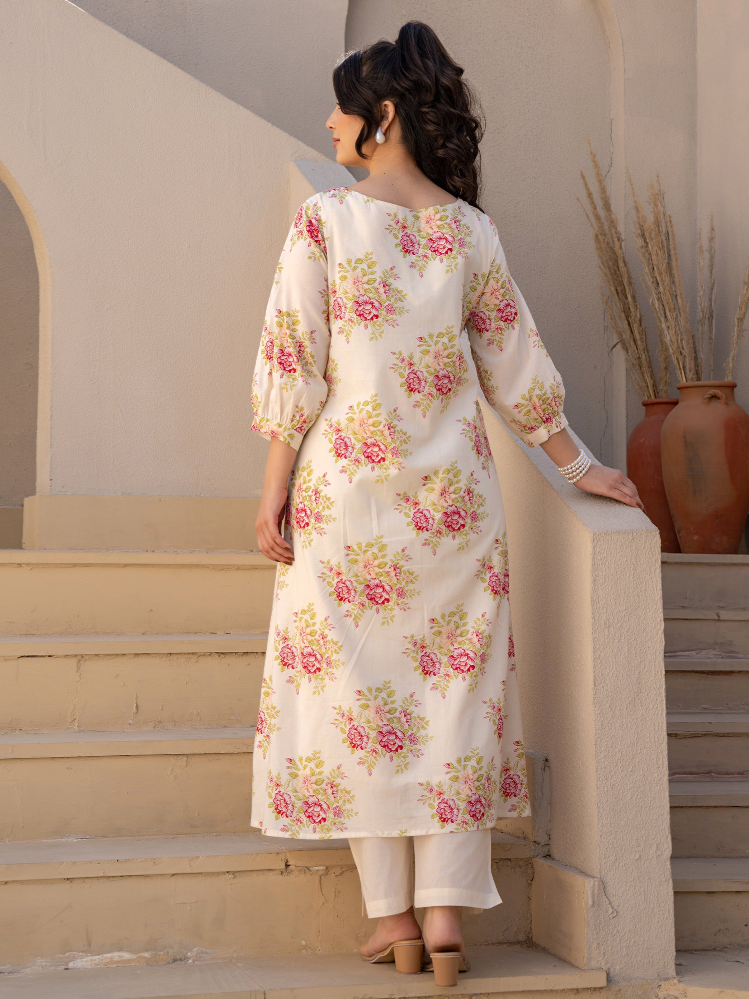Indo Era Off White Printed A-Line Kurta Trousers set