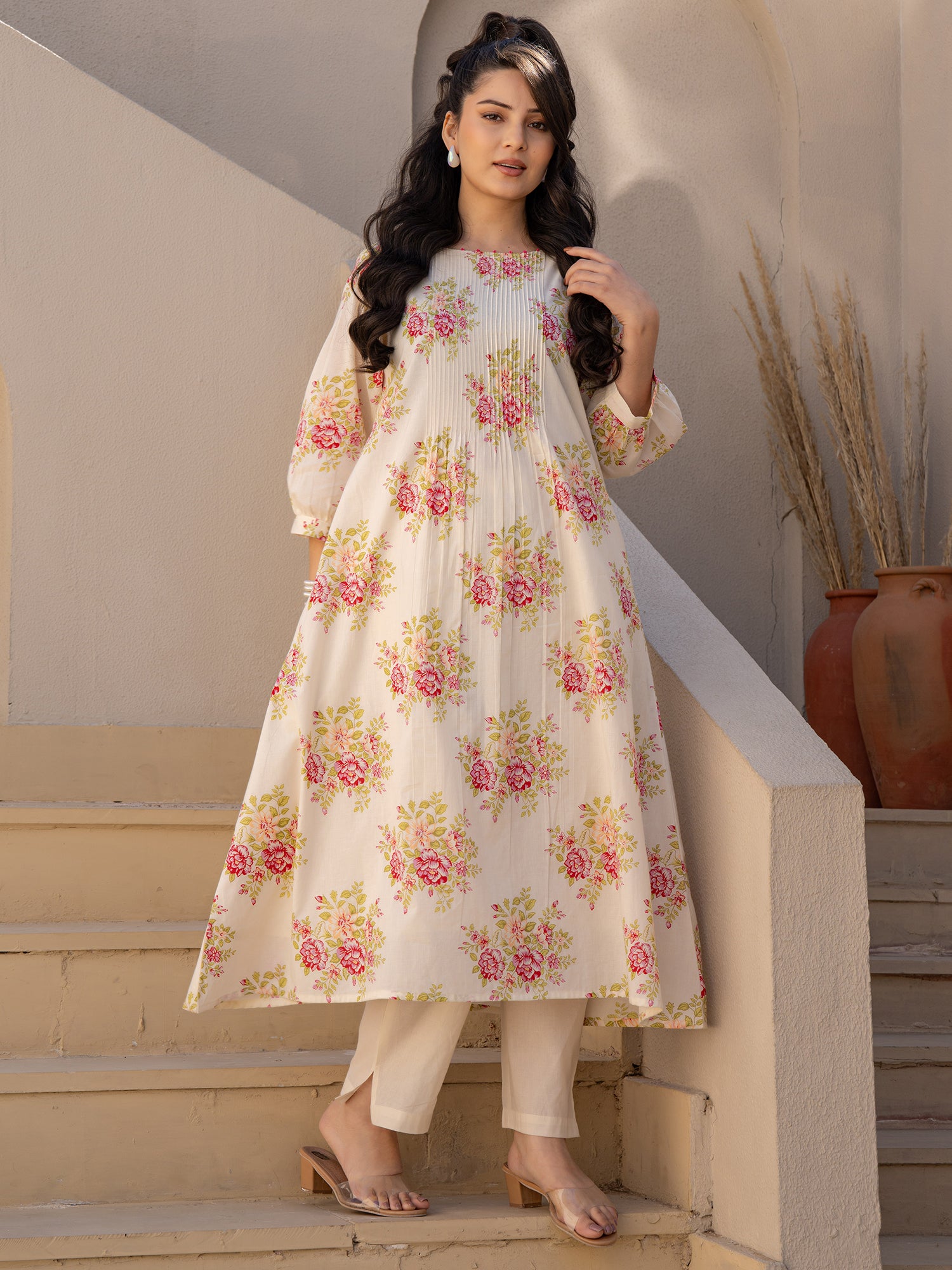 Indo Era Off White Printed A-Line Kurta Trousers set