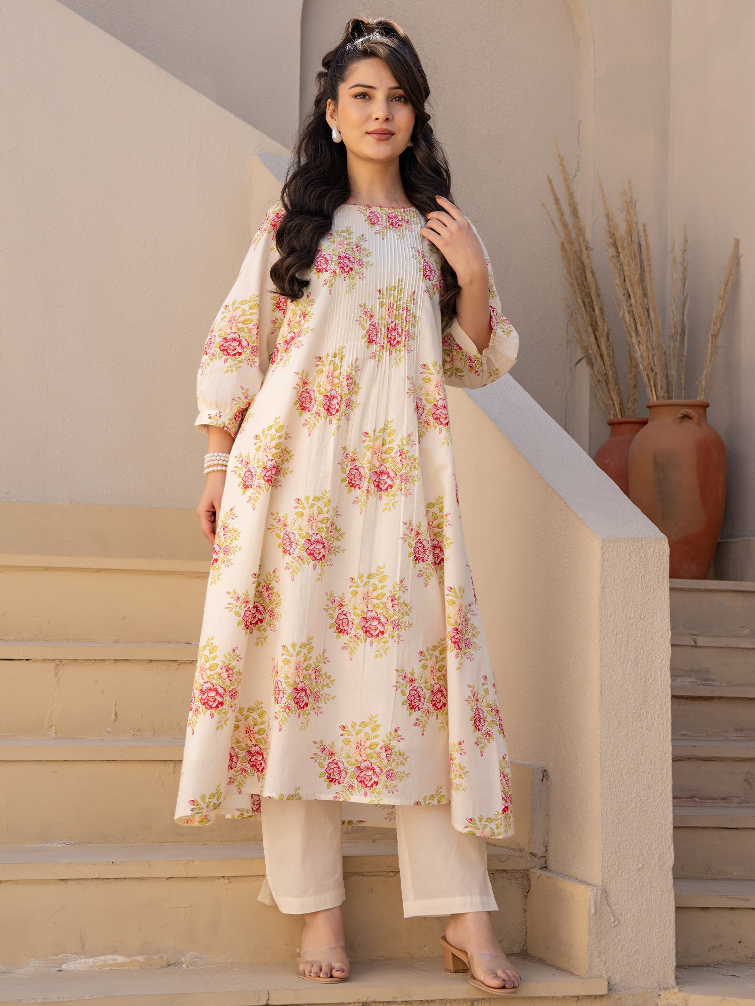 Indo Era Off White Printed A-Line Kurta Trousers set