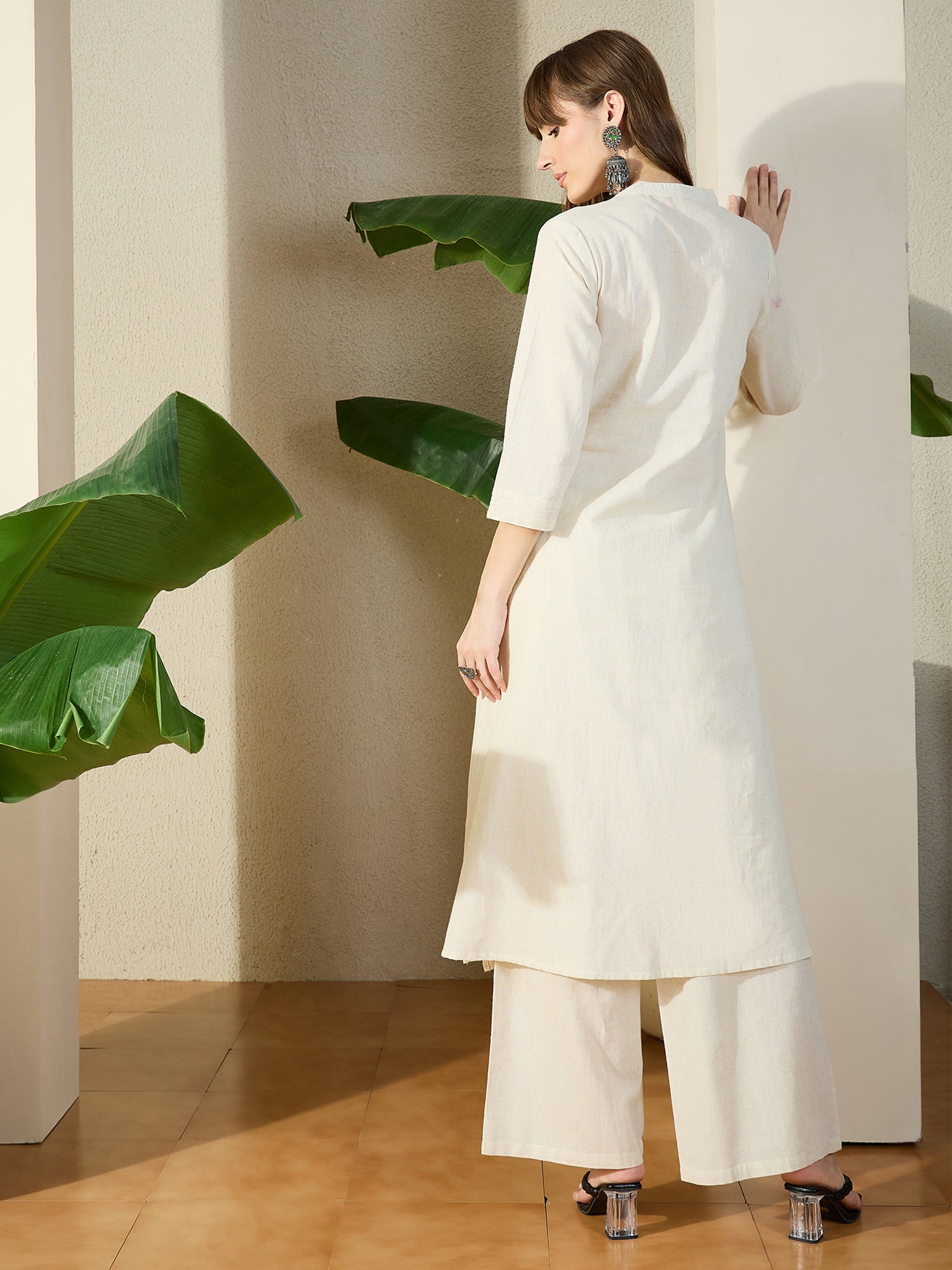 Indo Era Off White Embroidered A-Line Kurta Palazzos Set-IE