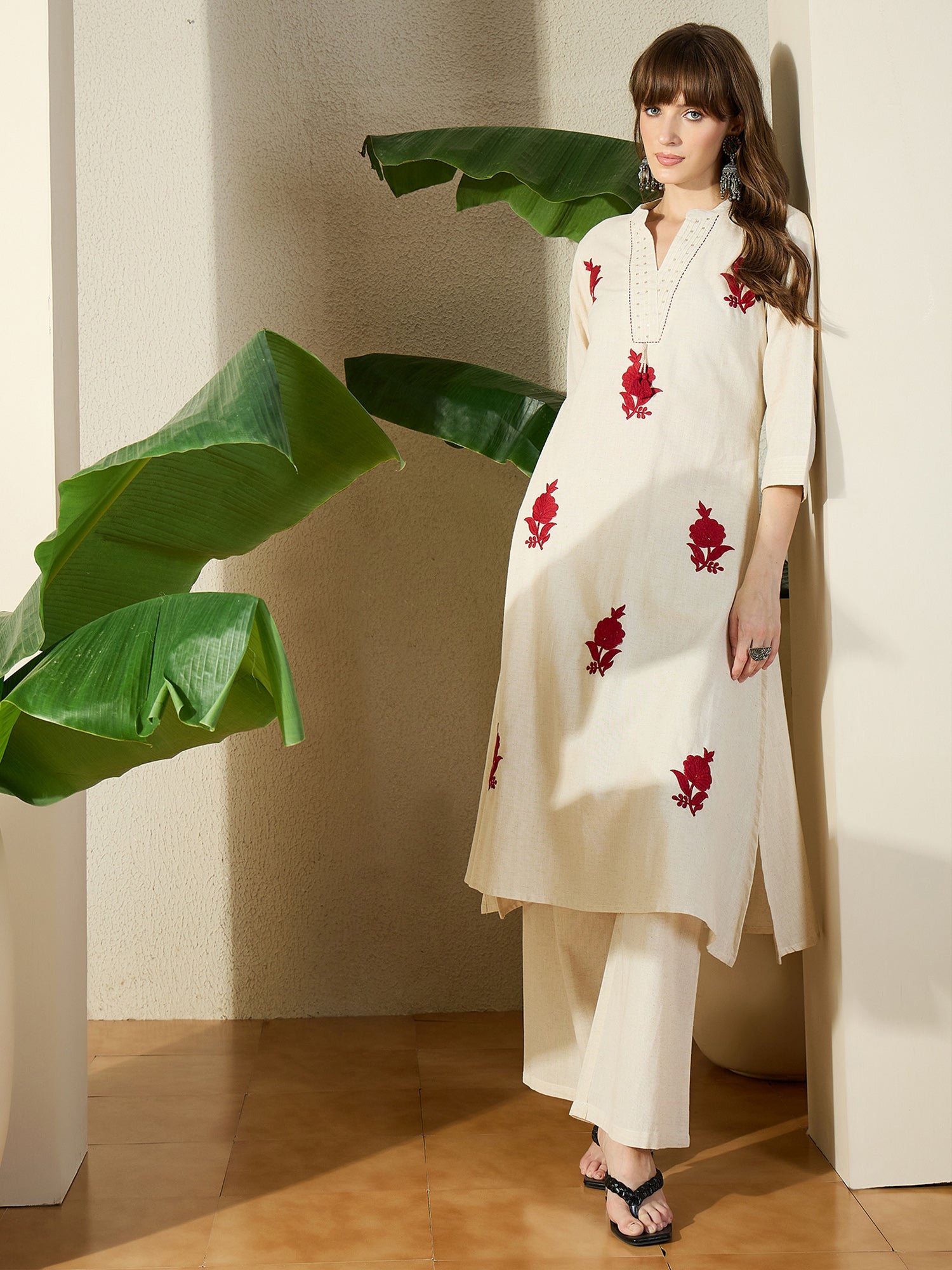 Indo Era Off White Embroidered A-Line Kurta Palazzos Set-IE