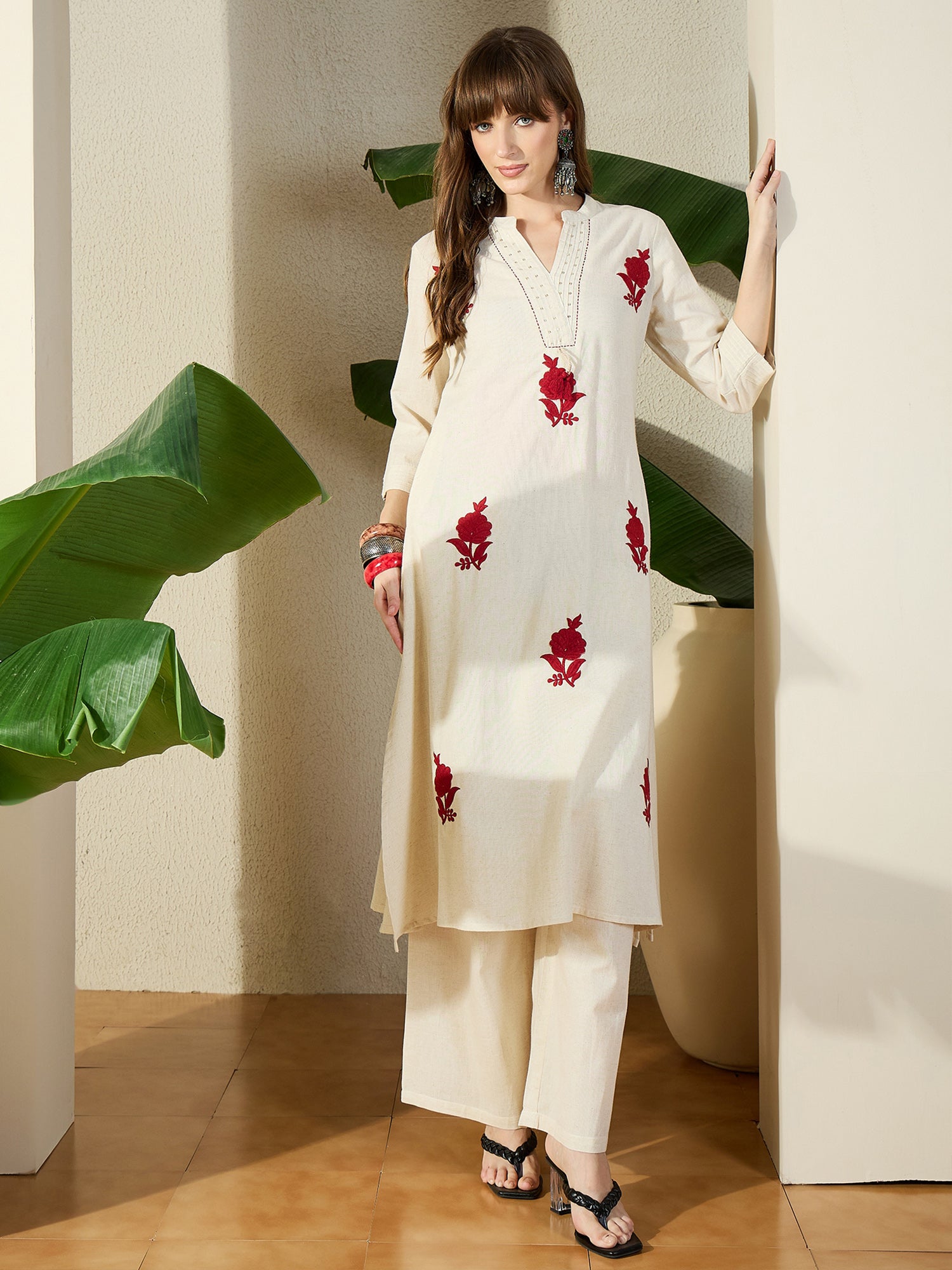 Indo Era Off White Embroidered A-Line Kurta Palazzos Set-IE