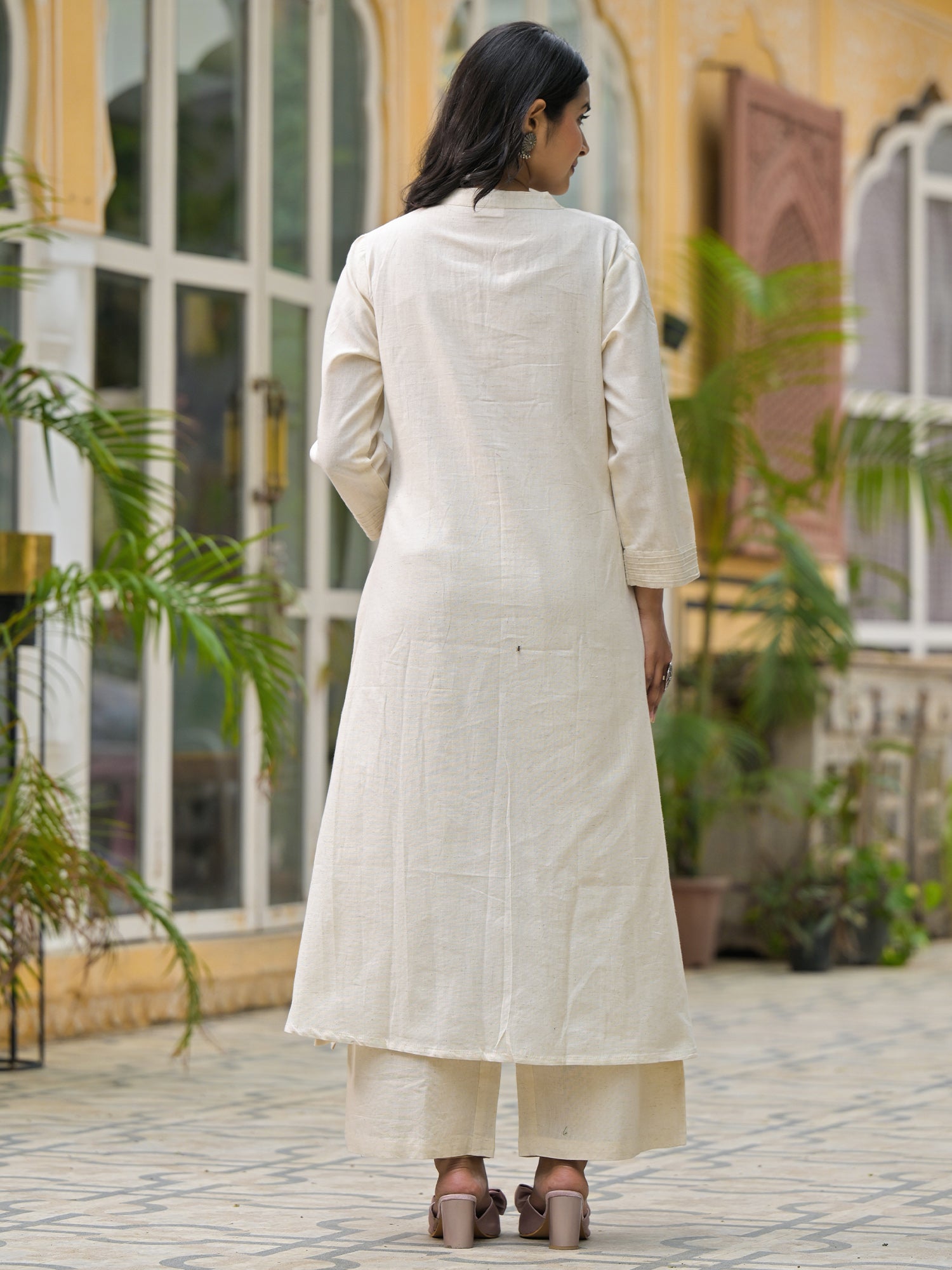 Indo Era Off White Embroidered A-Line Kurta Palazzos Set-IE