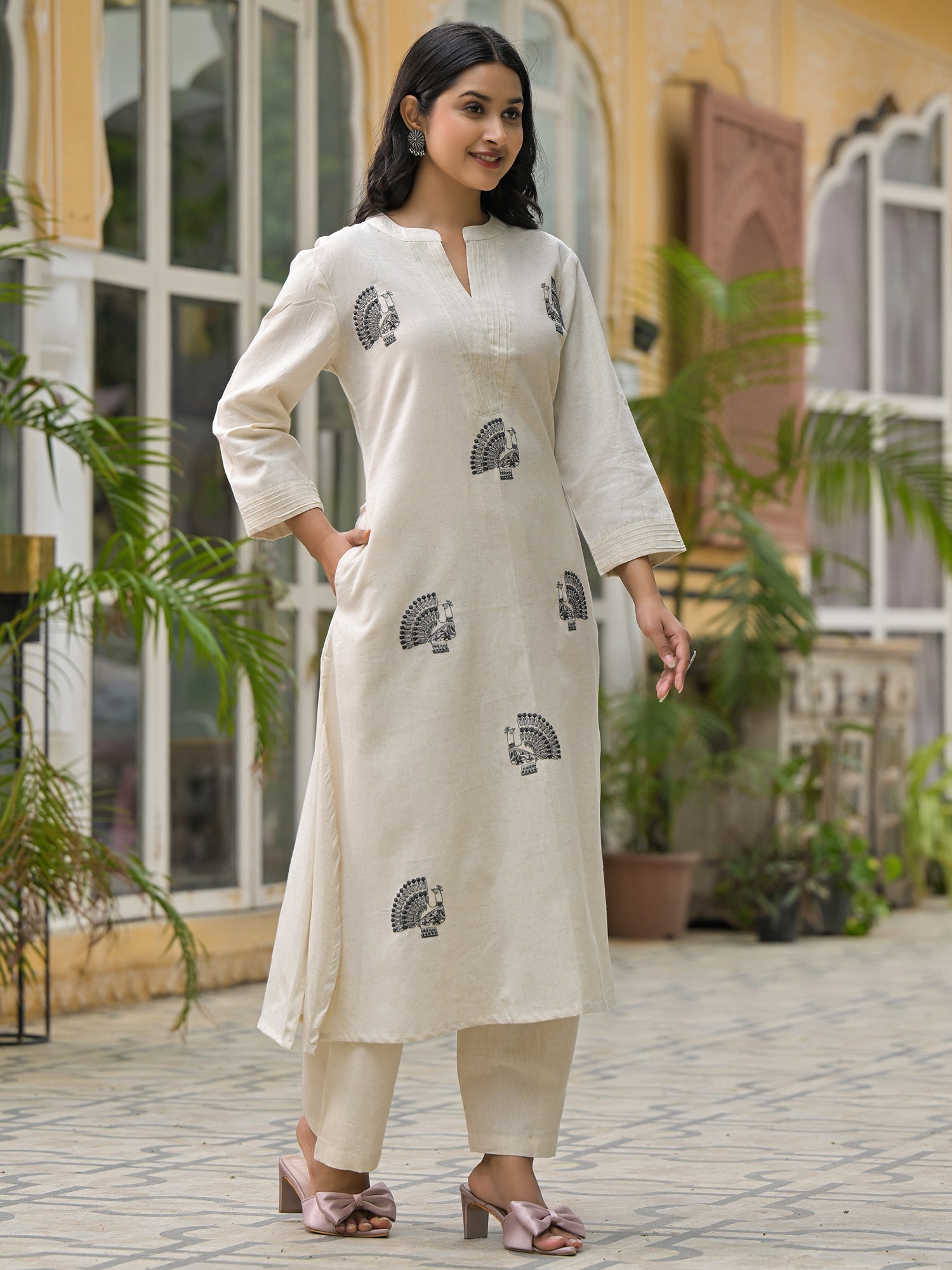 Indo Era Off White Embroidered A-Line Kurta Palazzos Set-IE