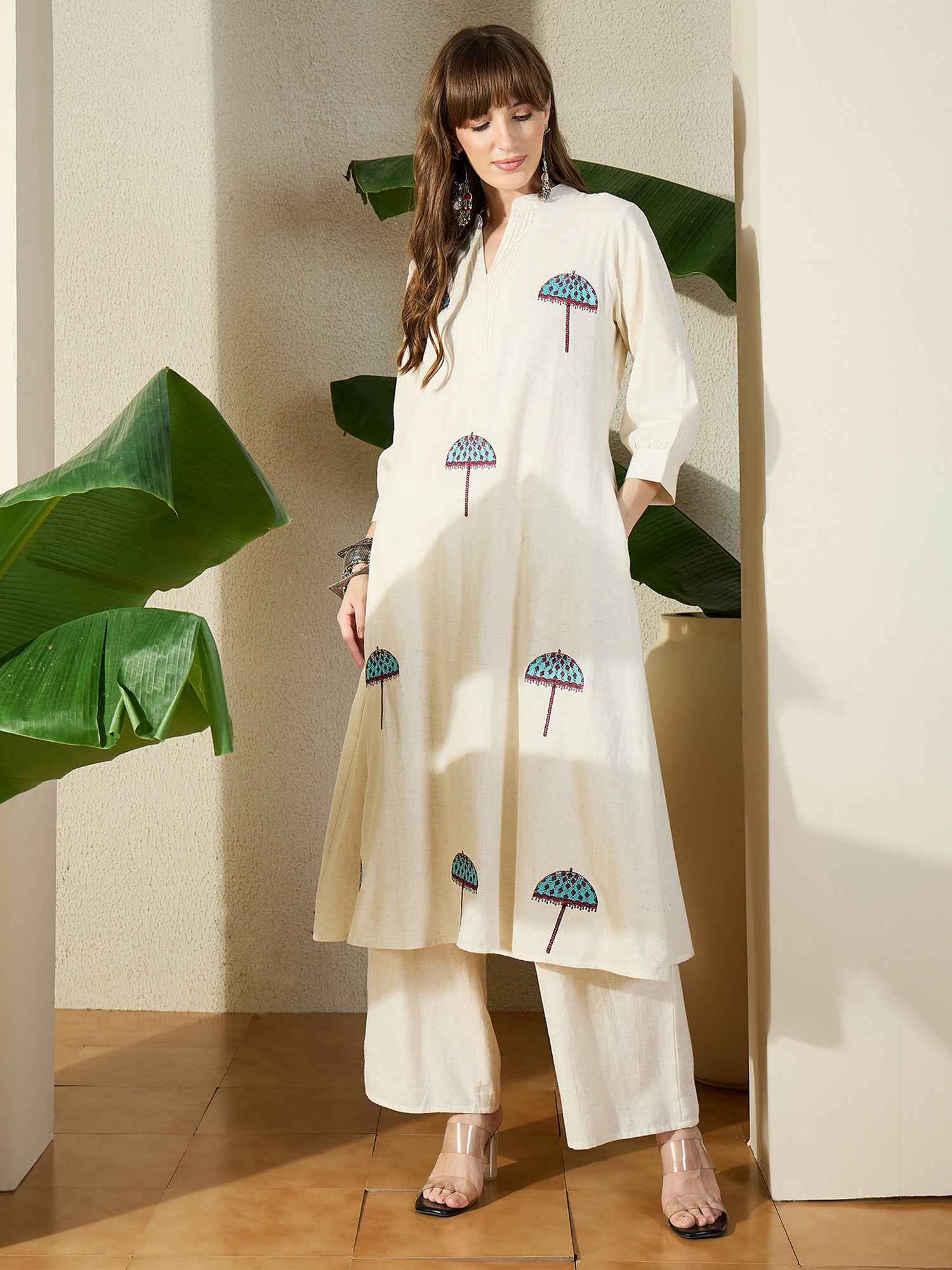 Indo Era Off White Embroidered A-Line Kurta Palazzos Set-IE