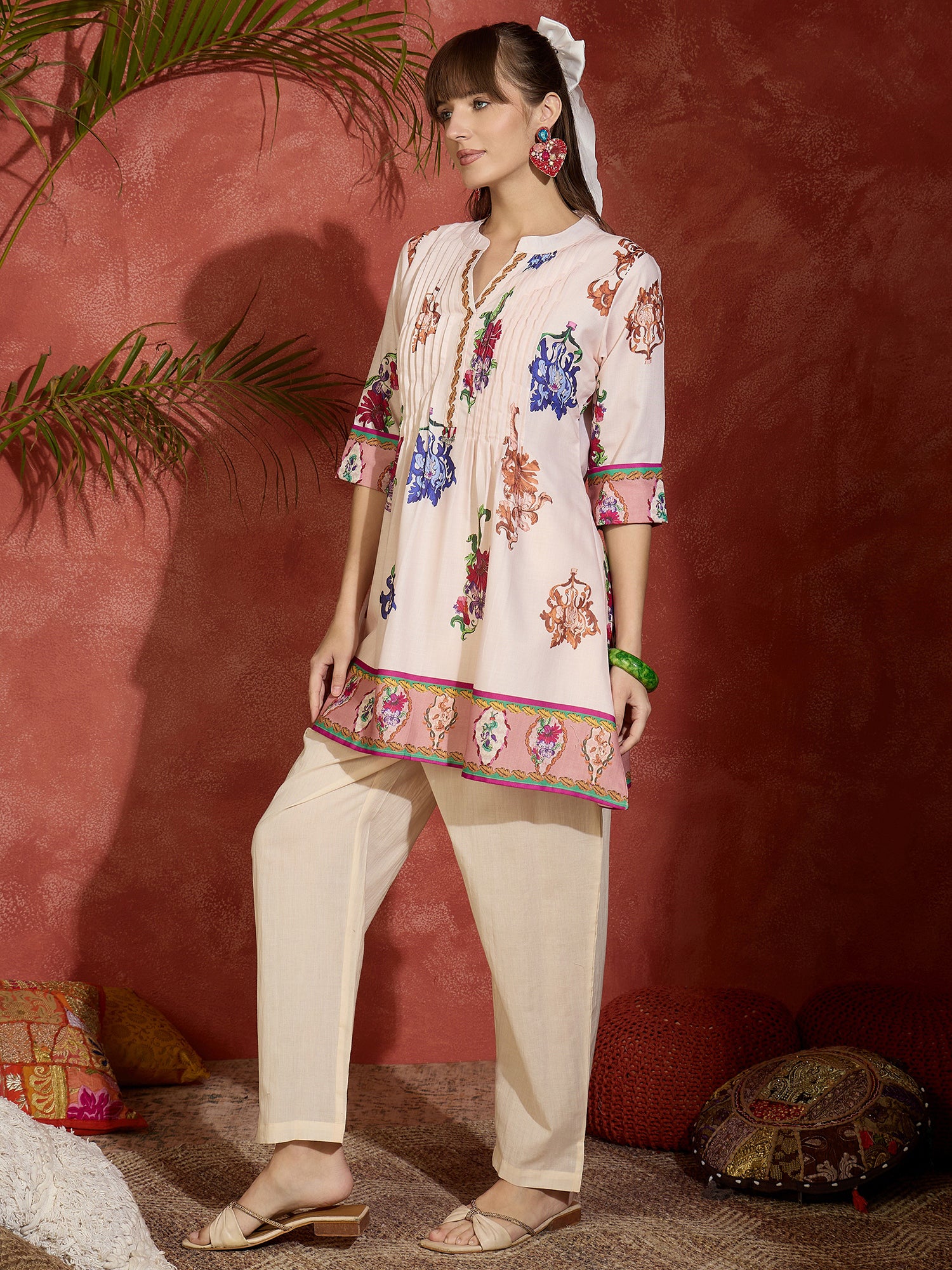 Indo Era Peach Printed A-Line Kurta Trousers set
