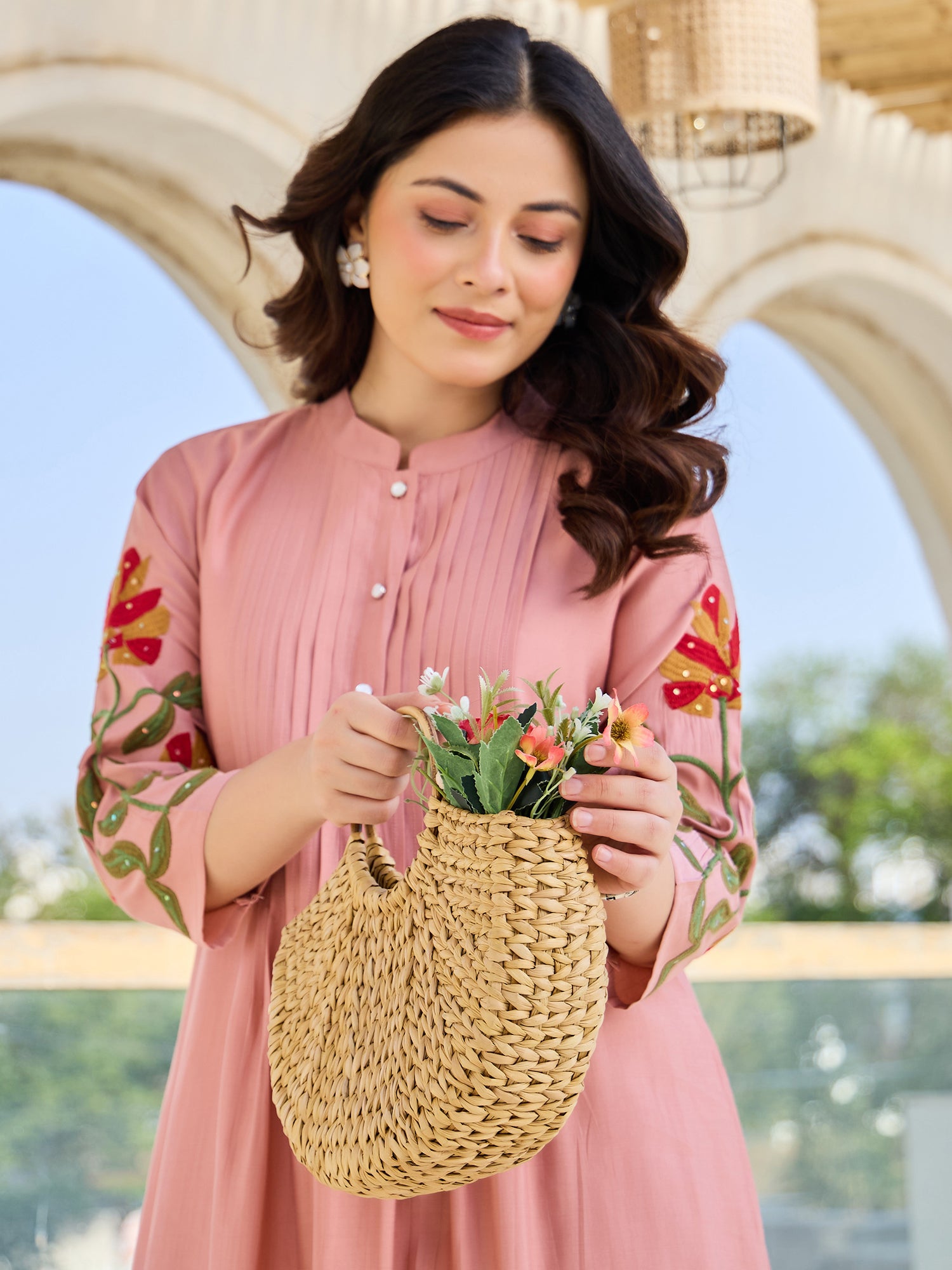Indo Era Peach Embroidered A-Line Kurta Trousers set