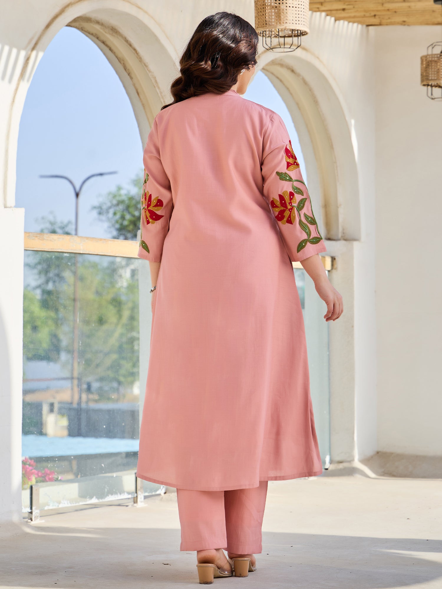 Indo Era Peach Embroidered A-Line Kurta Trousers set