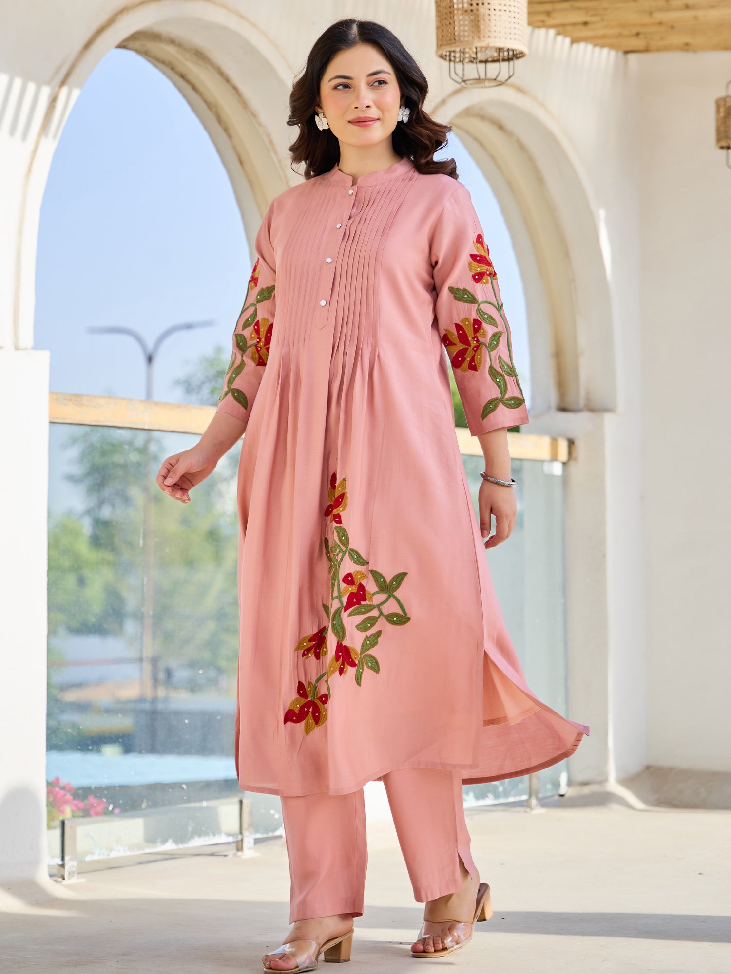 Indo Era Peach Embroidered A-Line Kurta Trousers set
