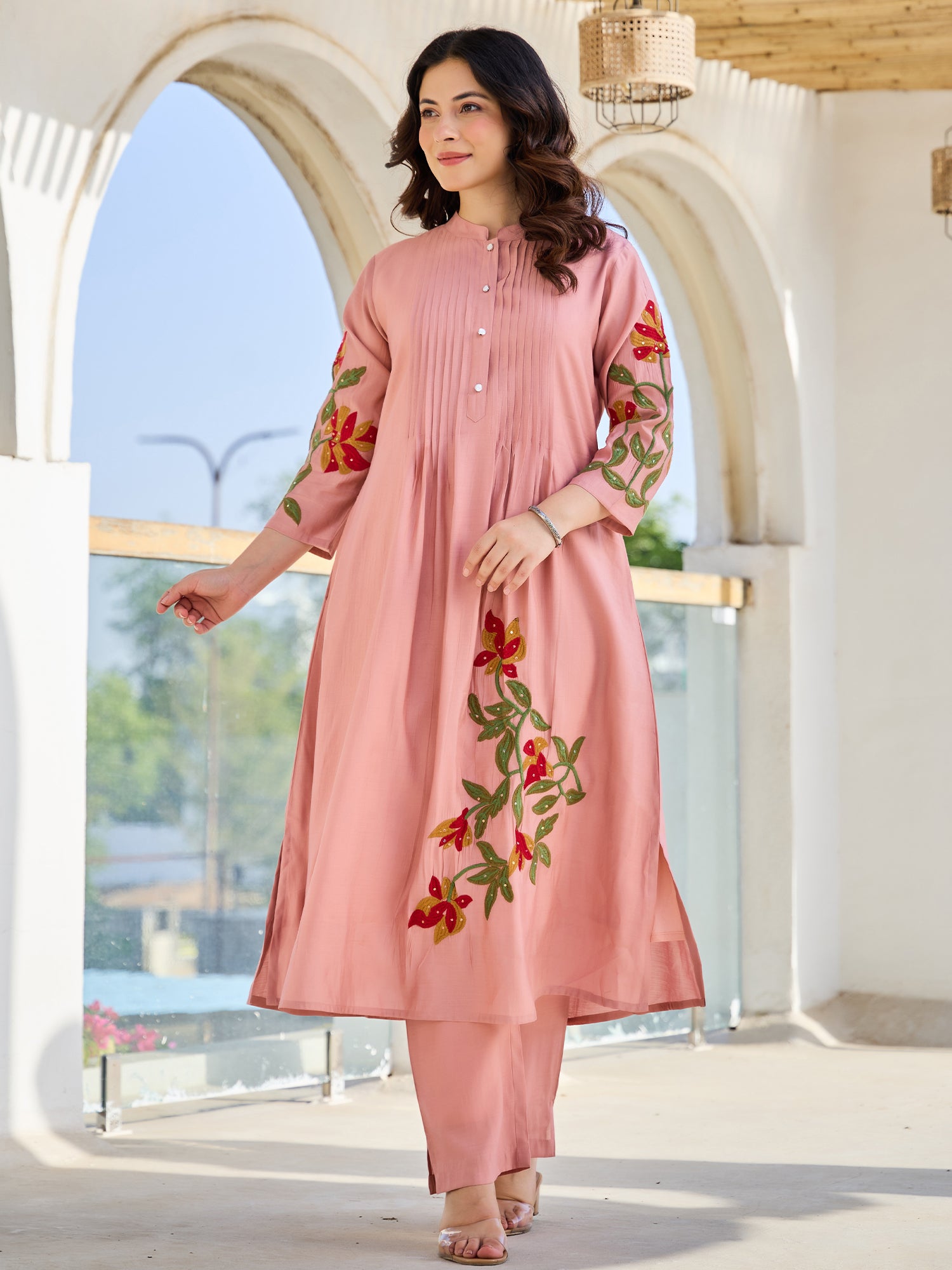 Indo Era Peach Embroidered A-Line Kurta Trousers set