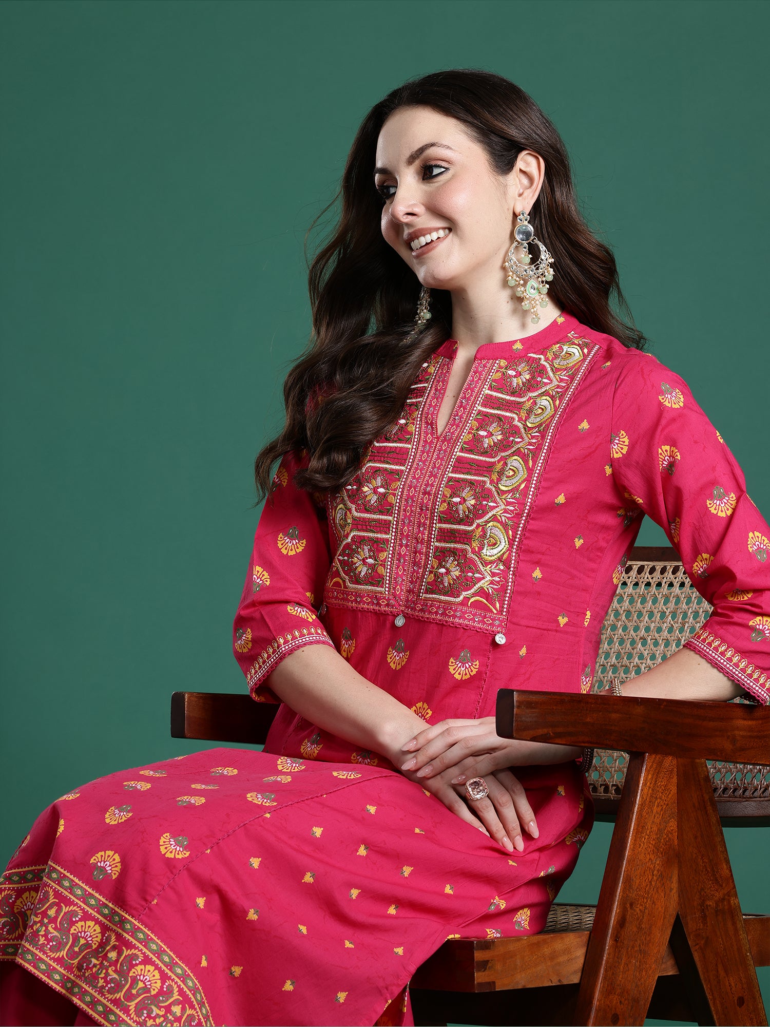 Indo Era Pink Printed Straight Kurta Trousers Set