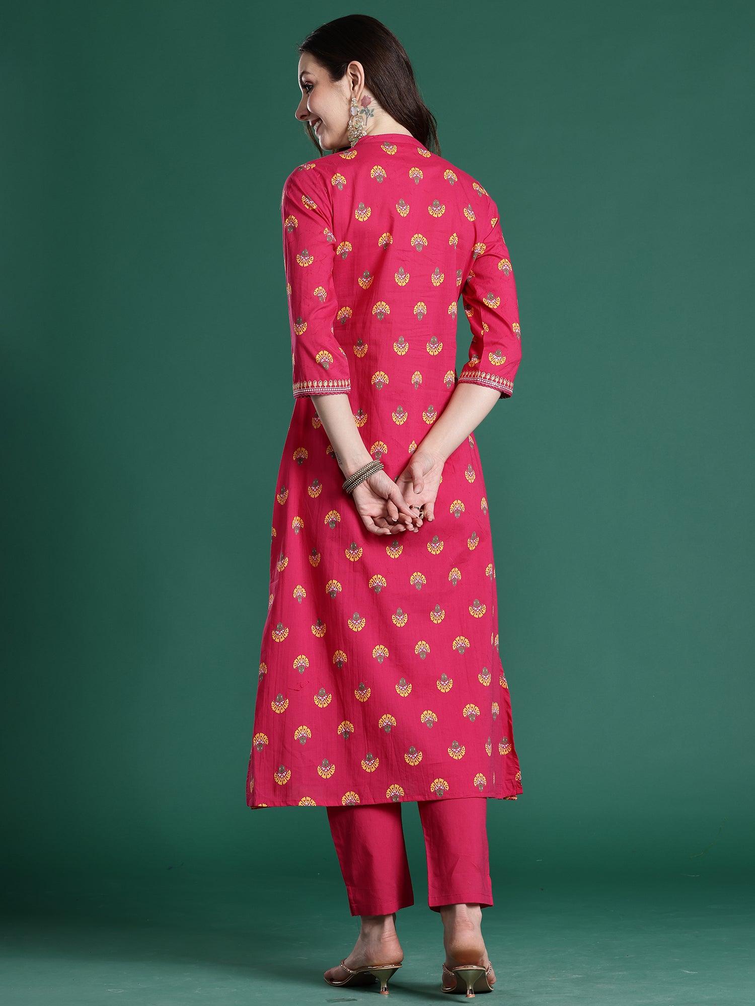 Indo Era Pink Printed Straight Kurta Trousers Set