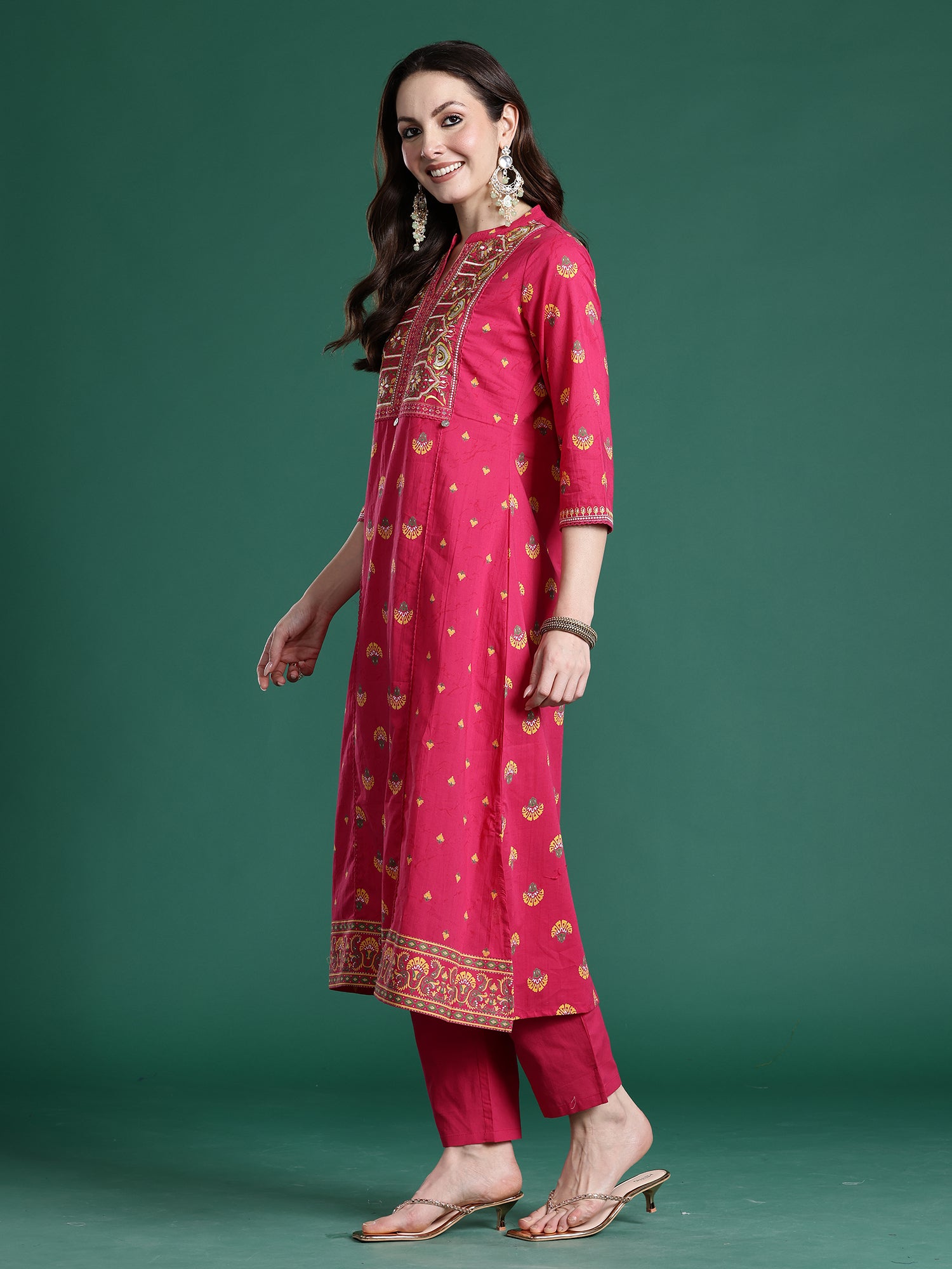 Indo Era Pink Printed Straight Kurta Trousers Set